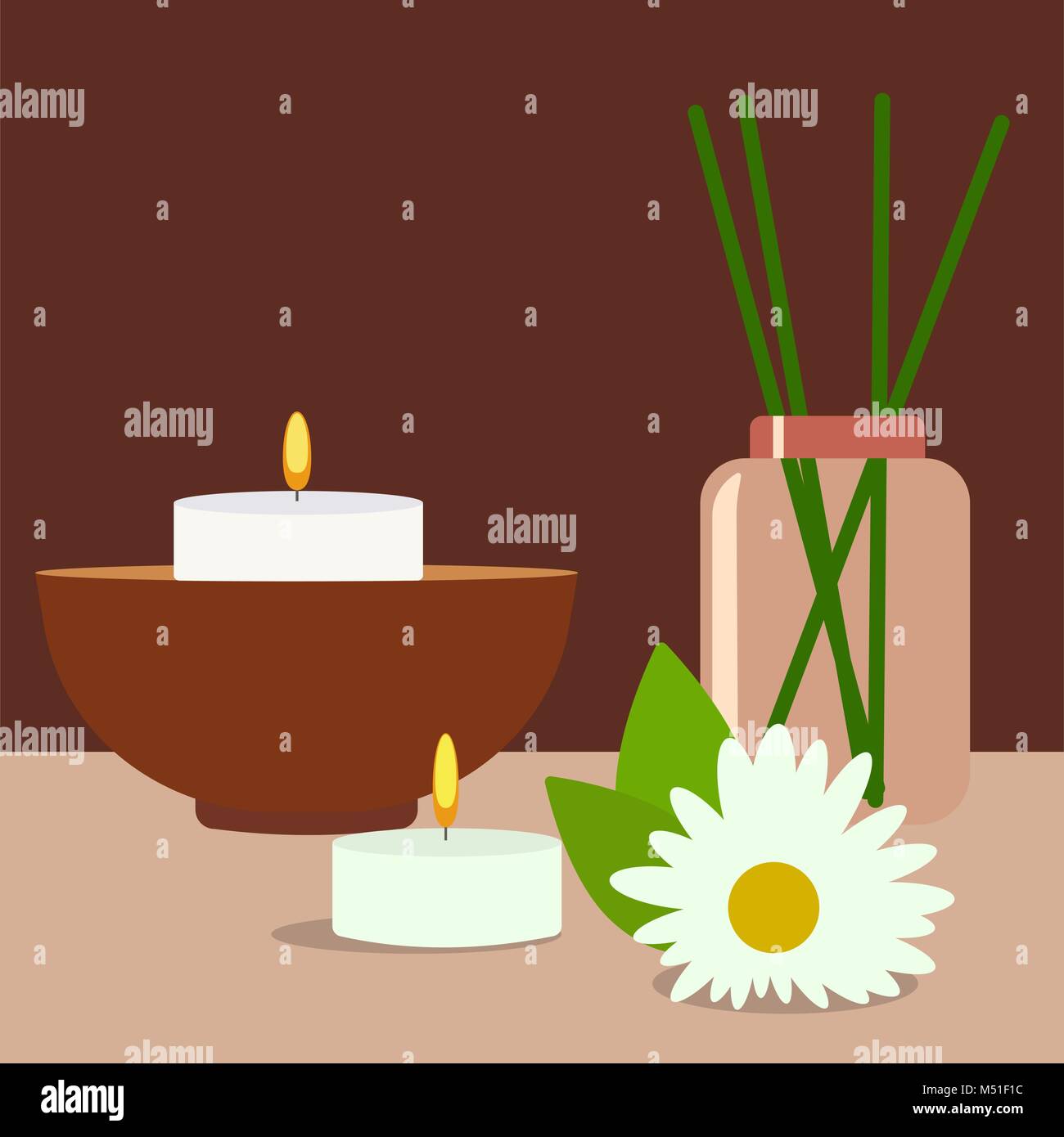 Colorfull spa tools and accessories herbs rolled up towel candles and oil vector illustration place for your text. Stock Vector