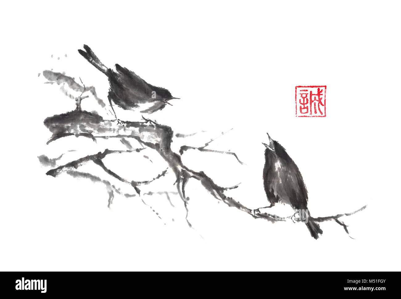 Japanese style sumi-e painting with two singing birds on a tree. Hieroglyph featured means sincerity. Great for greeting cards or texture design. Stock Photo