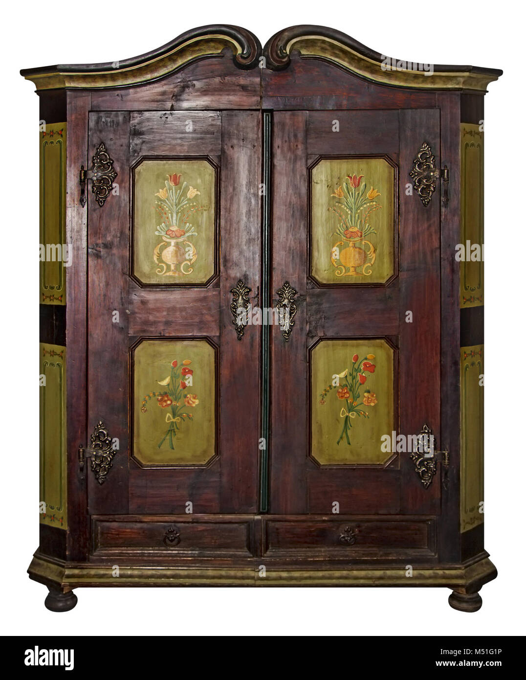 Vintage painted wooden wardrobe isolated with Clipping Path on white background Stock Photo