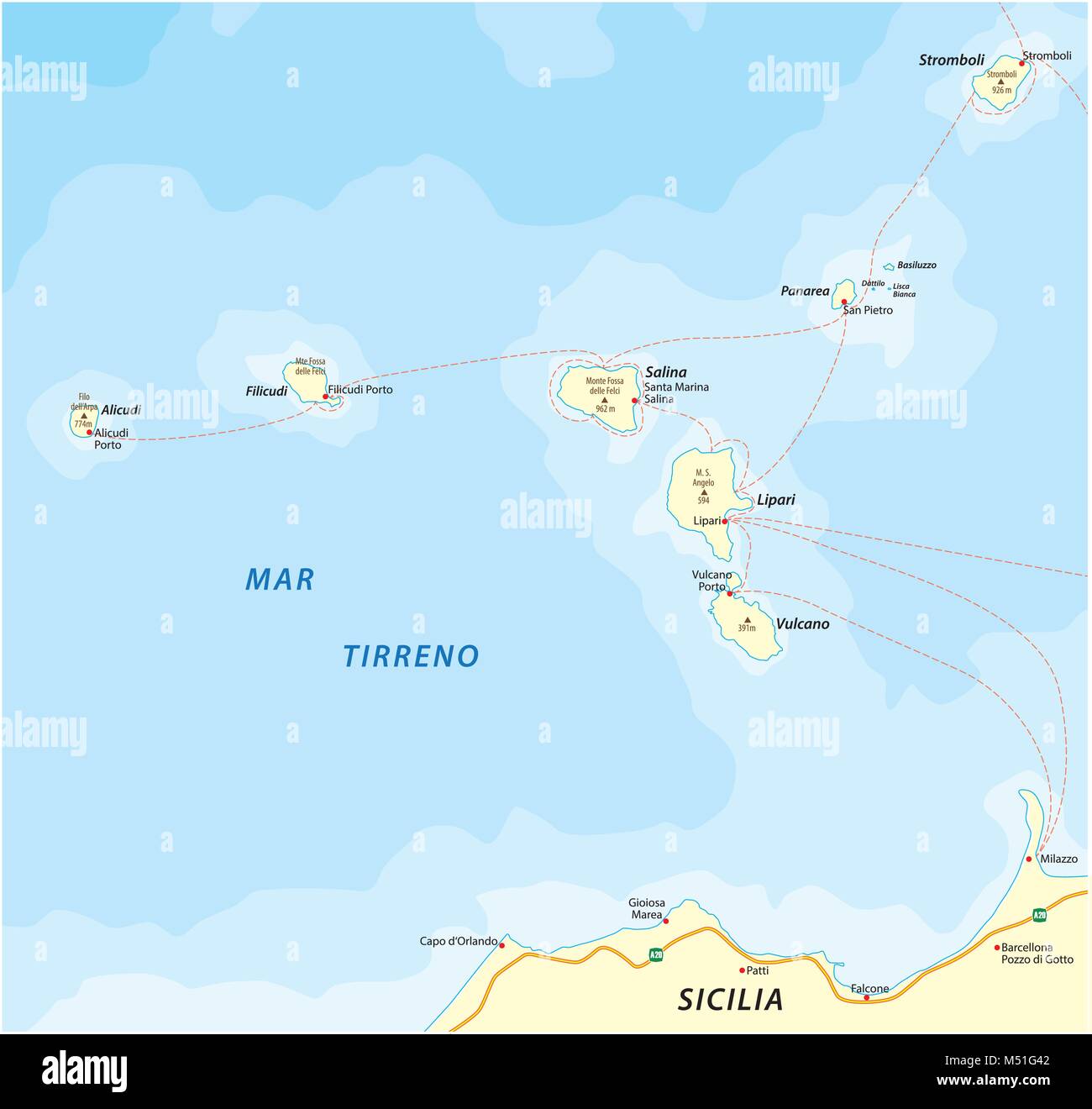 Map of the Italian island group Aeolian Islands in the Tyrrhenian Sea Stock Vector