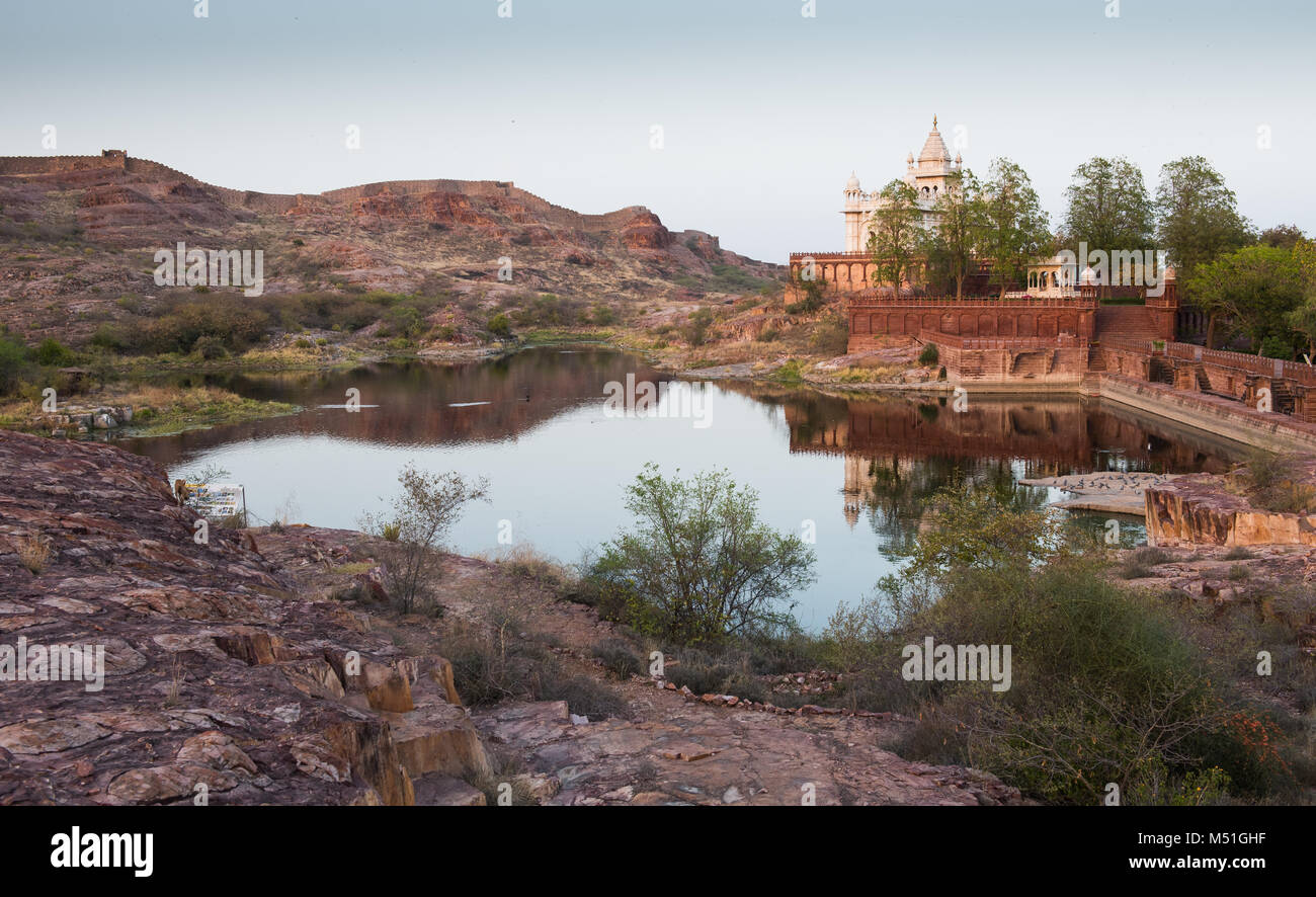Landscape at the area of the famous Jaswant Thada mausoleum in the city of Jodhpur at the state Rajasthan India. Stock Photo