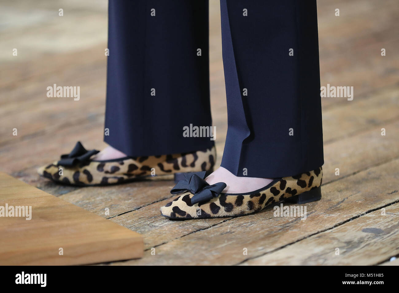 The shoes of British Prime Minister Theresa May as she delivers a speech at  Derby College, Derby to launch the Government's review of post-18 education  and funding Stock Photo - Alamy
