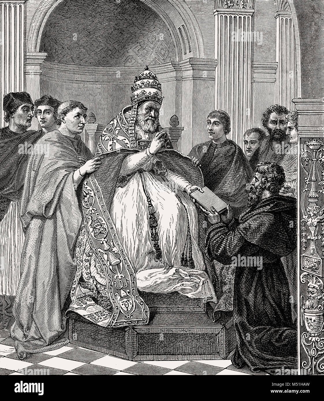 Pope Gregory IX approving the Decretals, Stanza della Segnatura, Vatican City, Rome, Italy, 19th Century Stock Photo