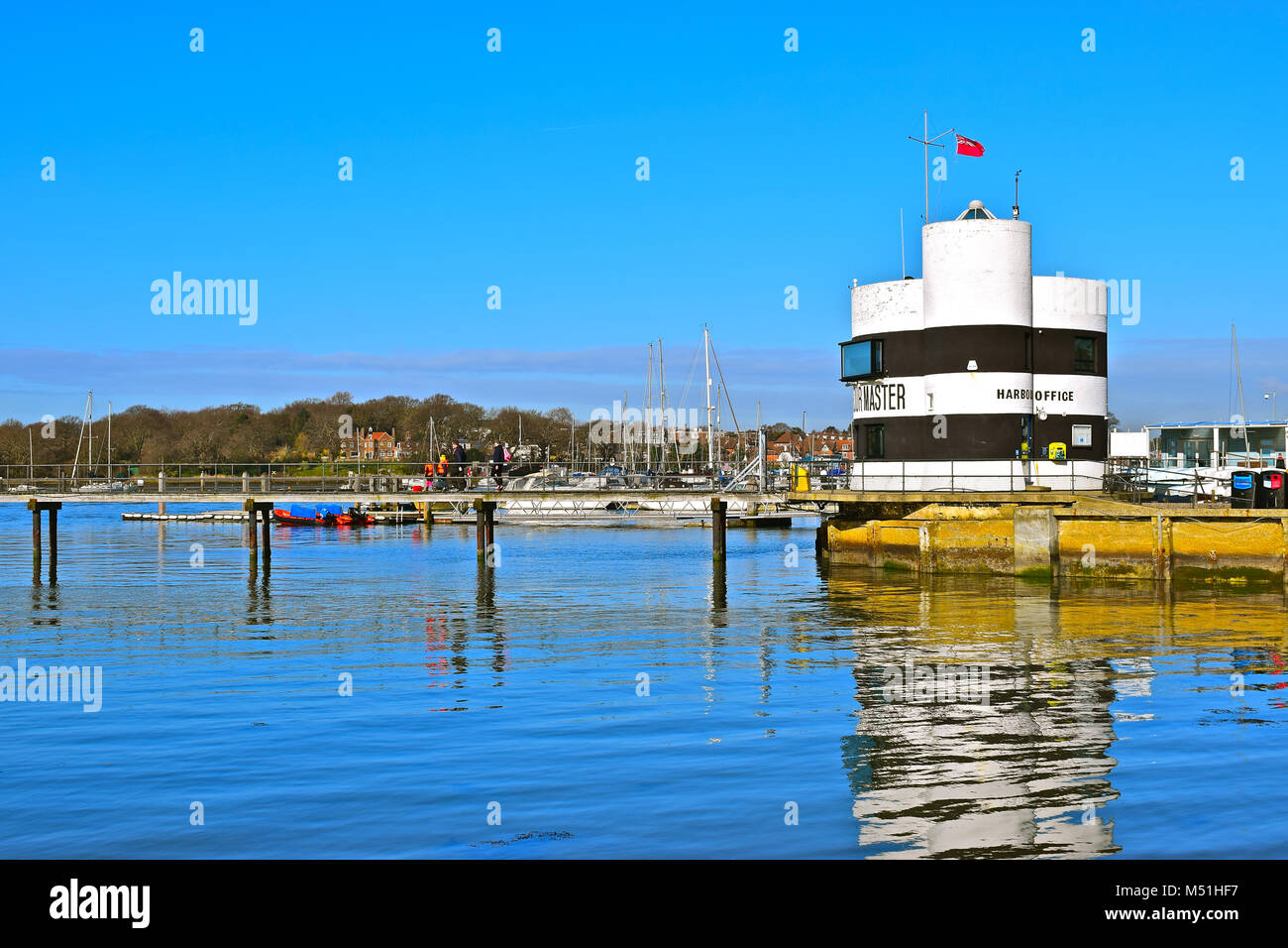 Blue skies and sea dominate this view of the River Hamble Harbourmaster