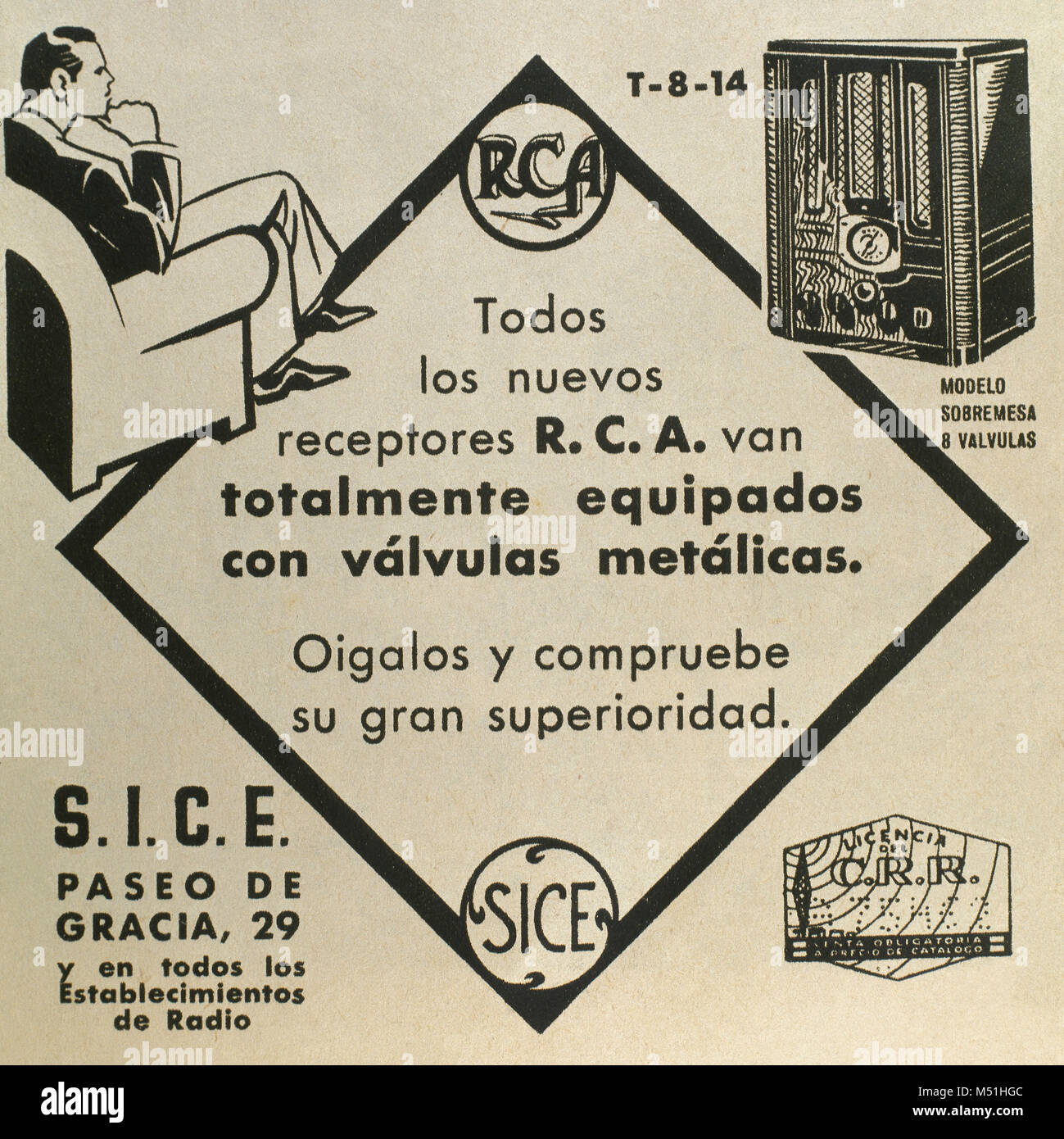 Radio receiver, RCA brand. Old advertising. La Vanguardia, 31th March, 1936. Barcelona, Catalonia, Spain. Stock Photo