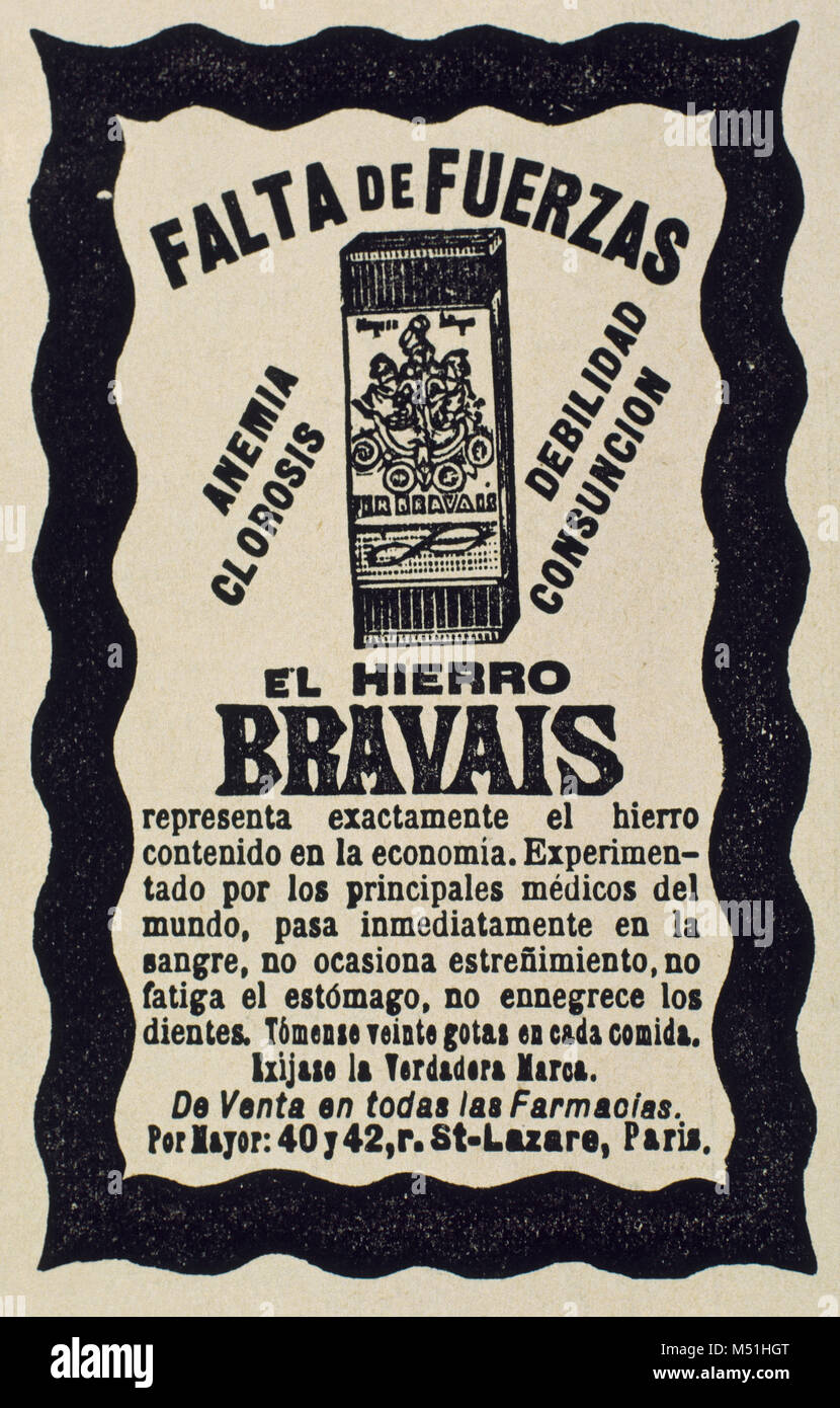 El Hierro Bravais. Old advertising. La Ilustración Artística, January 1893. Spain. Stock Photo