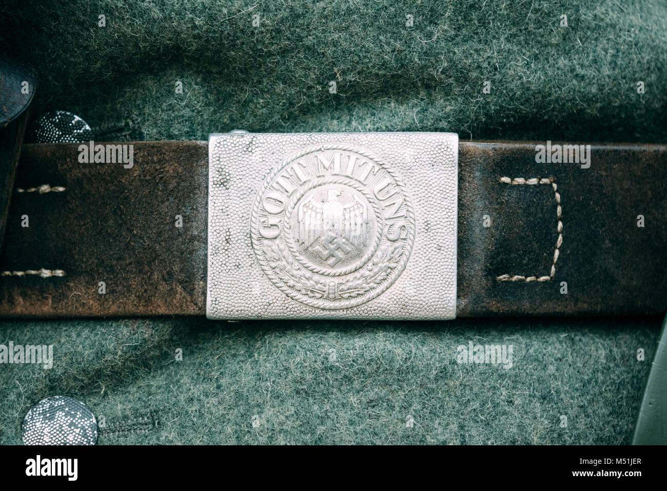 Buckle belt Nazi during the Second World War with the 'Gott Mit Uns'(God with us) inscription. Reconstruction Stock Photo