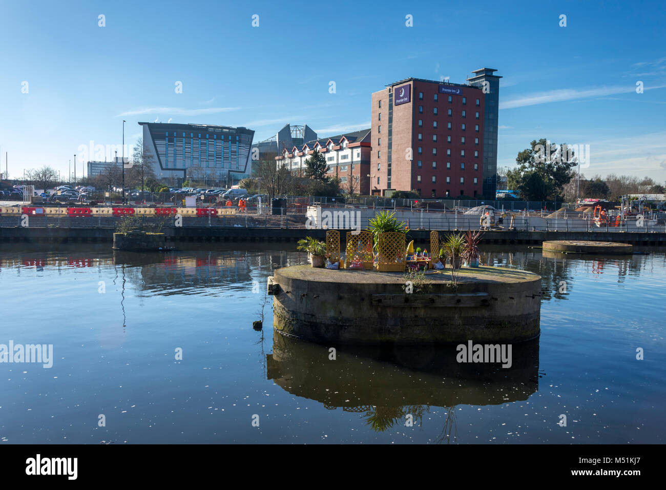 The Hotel Football and the Premier Inn at Old Trafford, from the Manchester Ship Canal, Manchester, England, UK. Stock Photo