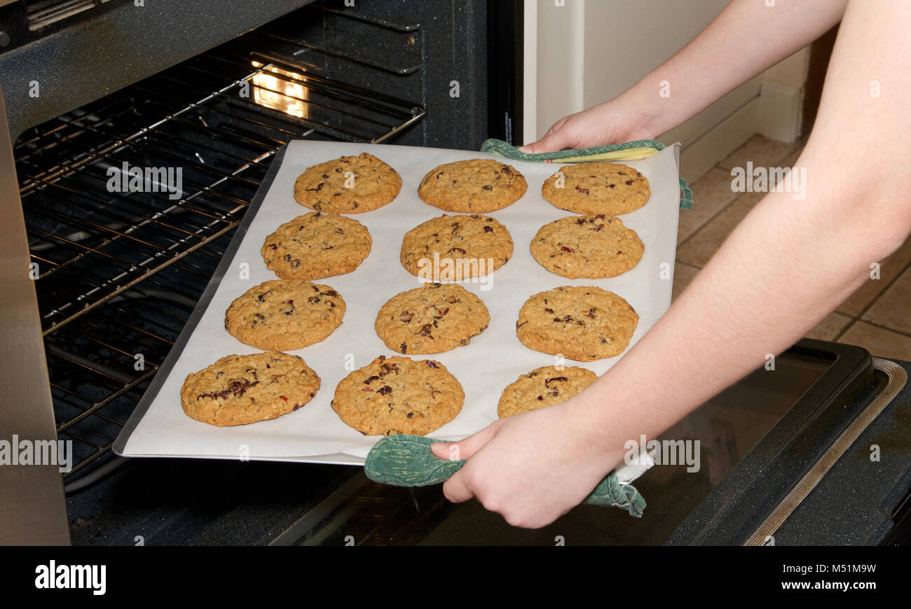 Hand taking hot nutty cookies out of steaming convection oven of kitchen  stove. Fresh baked shortbread pastry in silicone baking molds on metal  sheet Stock Photo - Alamy