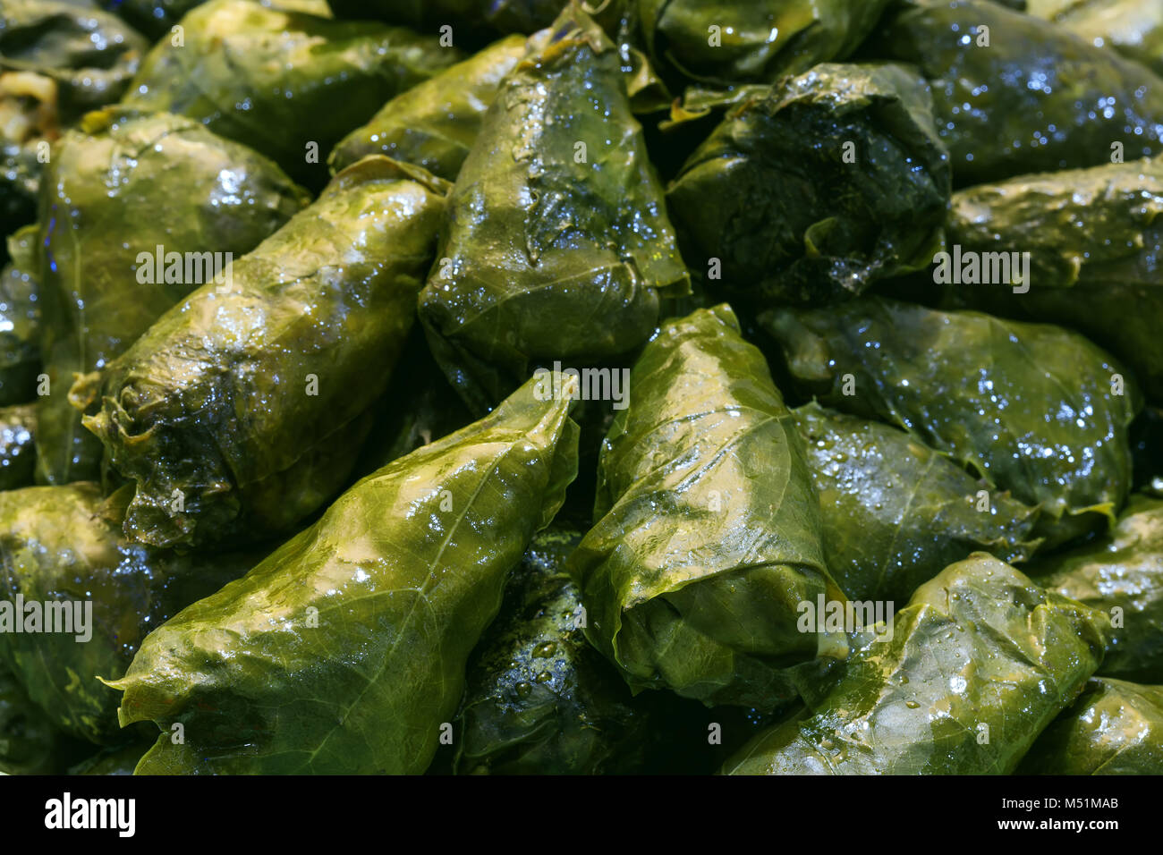 Fresh sarmale, Romanian and Moldovan typical food served in a traditional style. Sarmale, dolma, sarma, golubtsy or golabki. Grape vines leaves. Stock Photo
