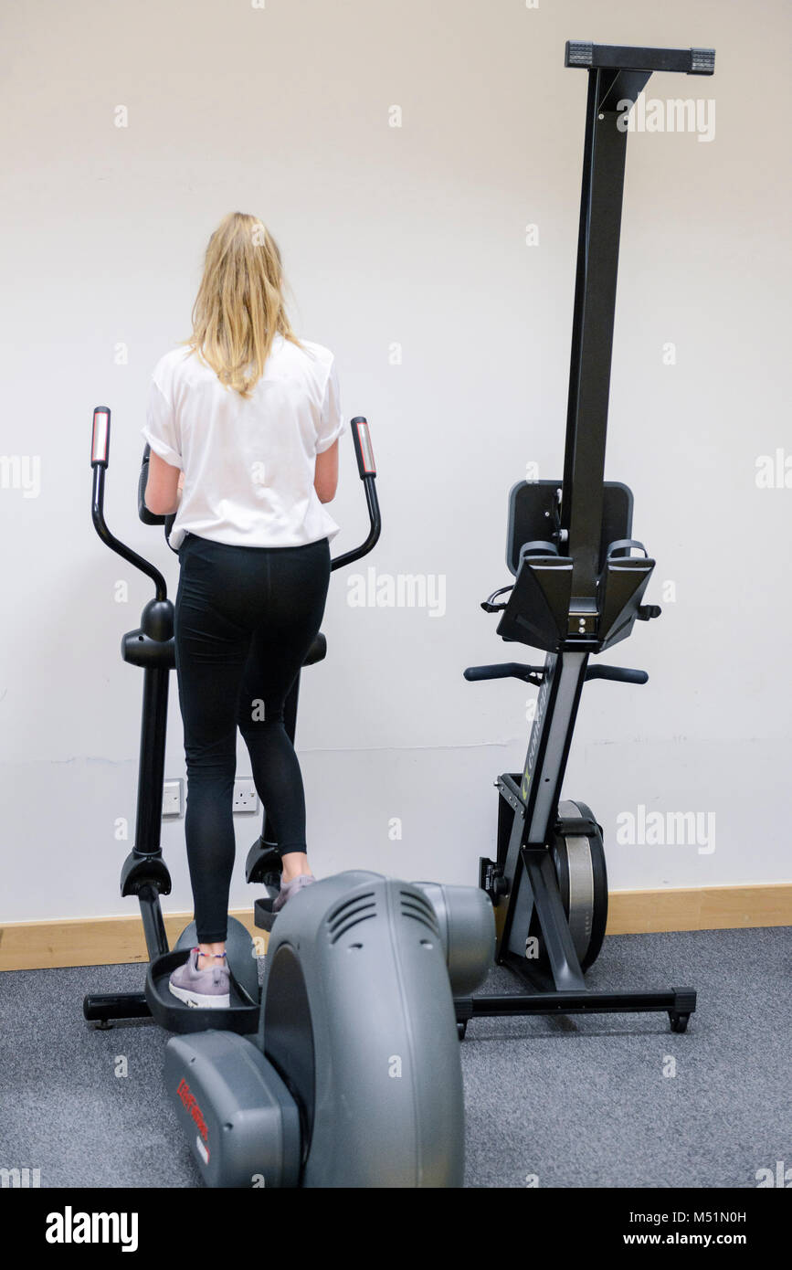 school students using the indoor gym equipment in a PE lesson Stock