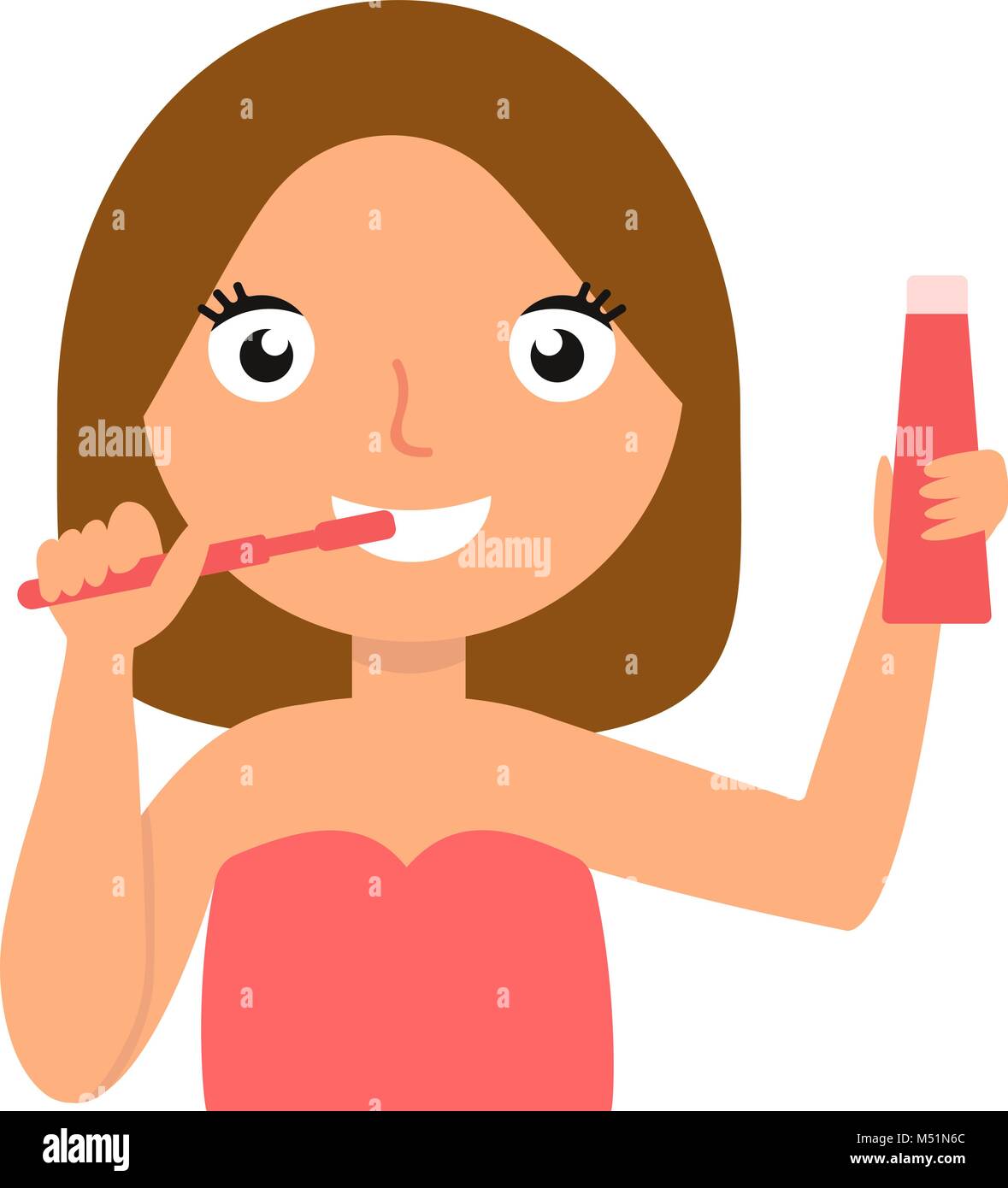 Girl brushing her teeth, cheerful woman taking care of her teeth vector Illustration Stock Vector