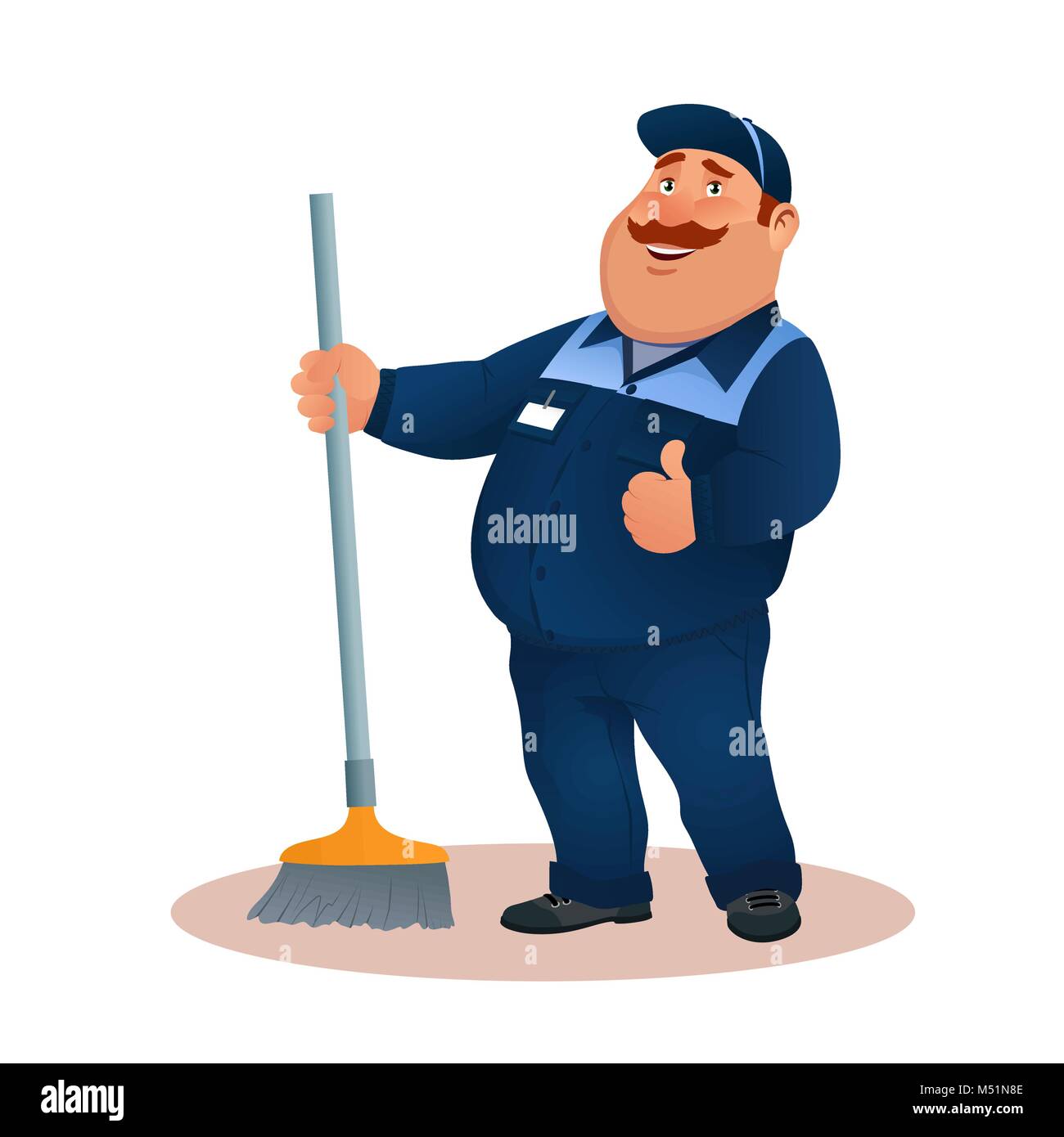 Funny cartoon janitor with mop and ok gesture. Smiling fat character in blue suit with broom. Happy flat cleaner in uniform from janitorial service or office cleaning. Colorful vector illustration. Stock Vector