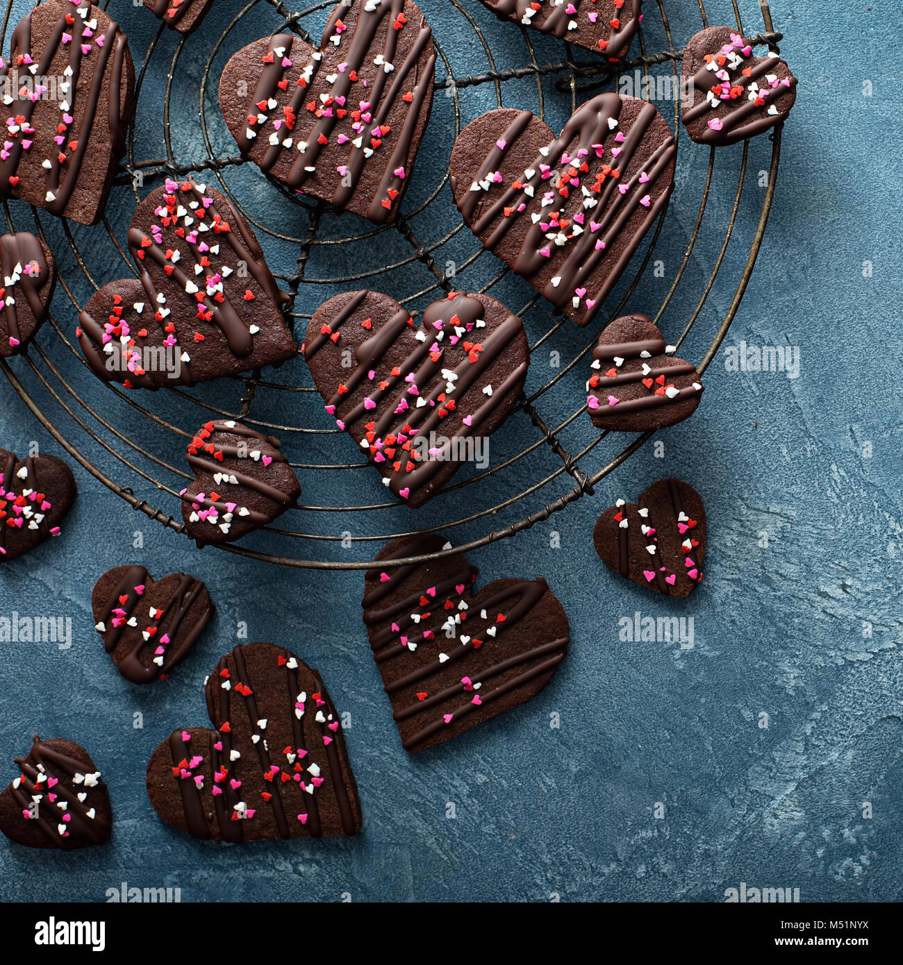 Chocolate hearts cookies with sprinkles for Valentines Day Stock Photo