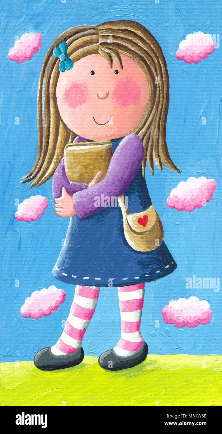 Acrylic illustration of cute school girl holding a book Stock Photo - Alamy