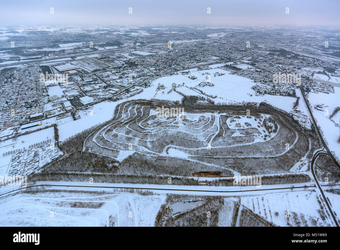 Aerial view, Abyssal pebble Kiesingerhöhe, Snow, Hamm, Ruhr area, North Rhine-Westphalia, Germany, Europe, Hamm, Ruhr area, North Rhine-Westphalia, Ge Stock Photo