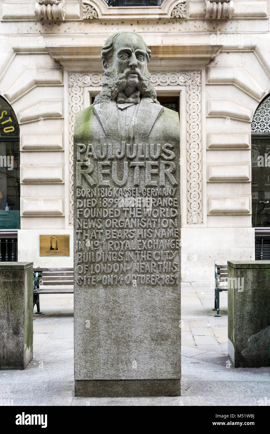 Statue of Paul Julius Reuter, the founder of Reuter's News Agency, erected in Royal Exchange Buildings in the City of London in 1976. Stock Photo