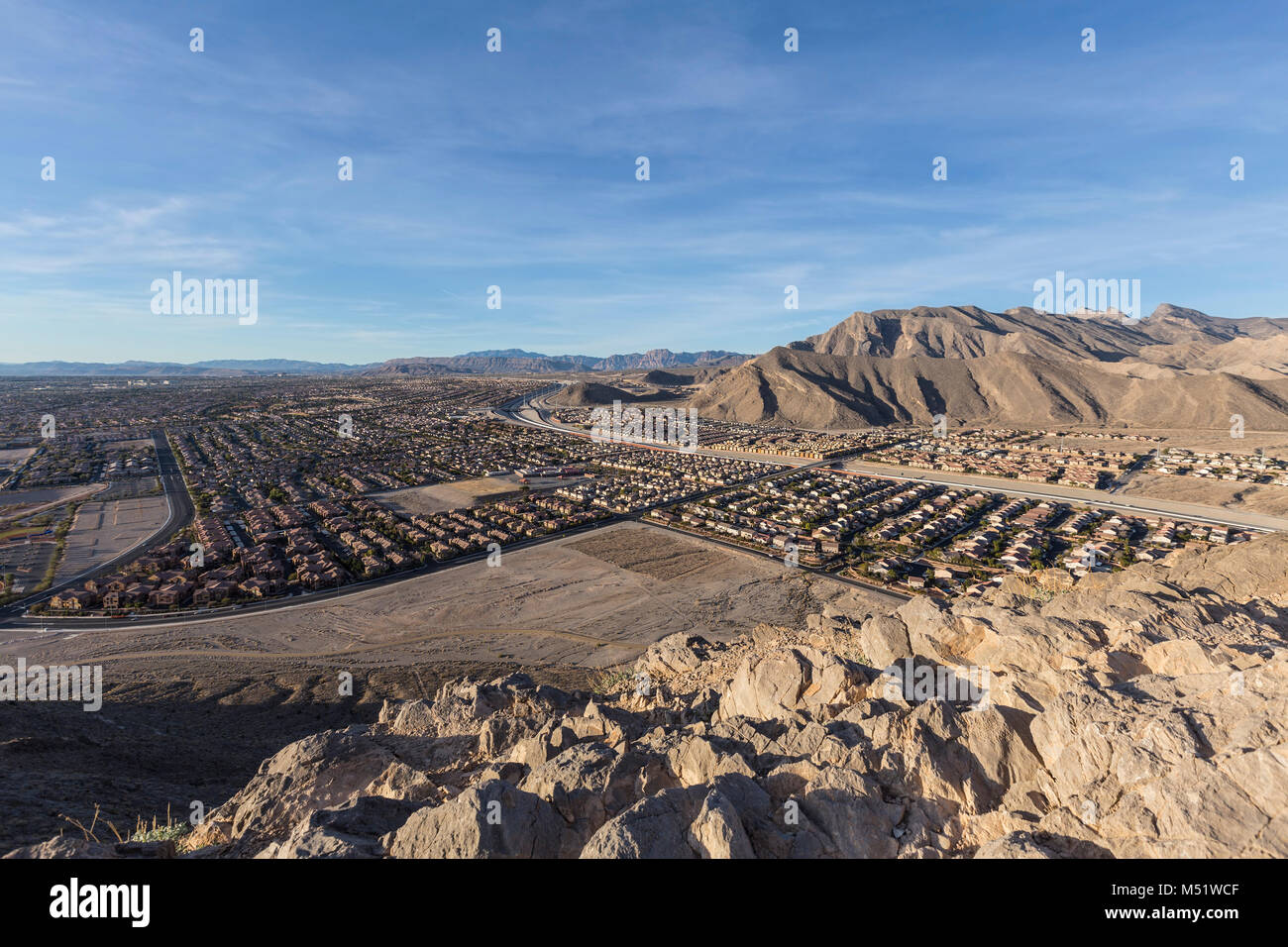 Desert suburban view from top of Lone Mountain Peak in Las Vegas Nevada. Stock Photo