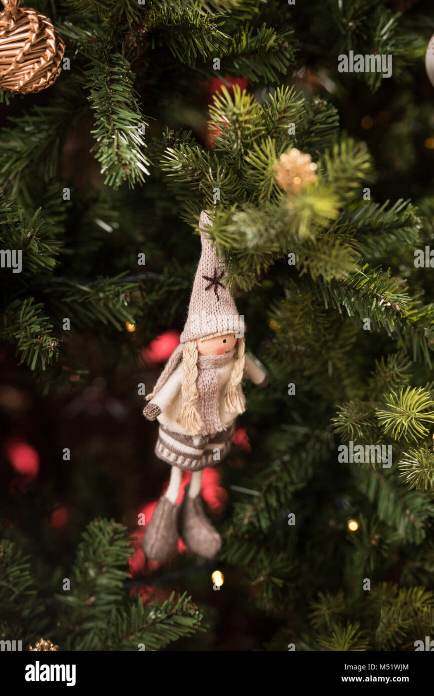 Decorated Christmas tree on red background Stock Photo - Alamy