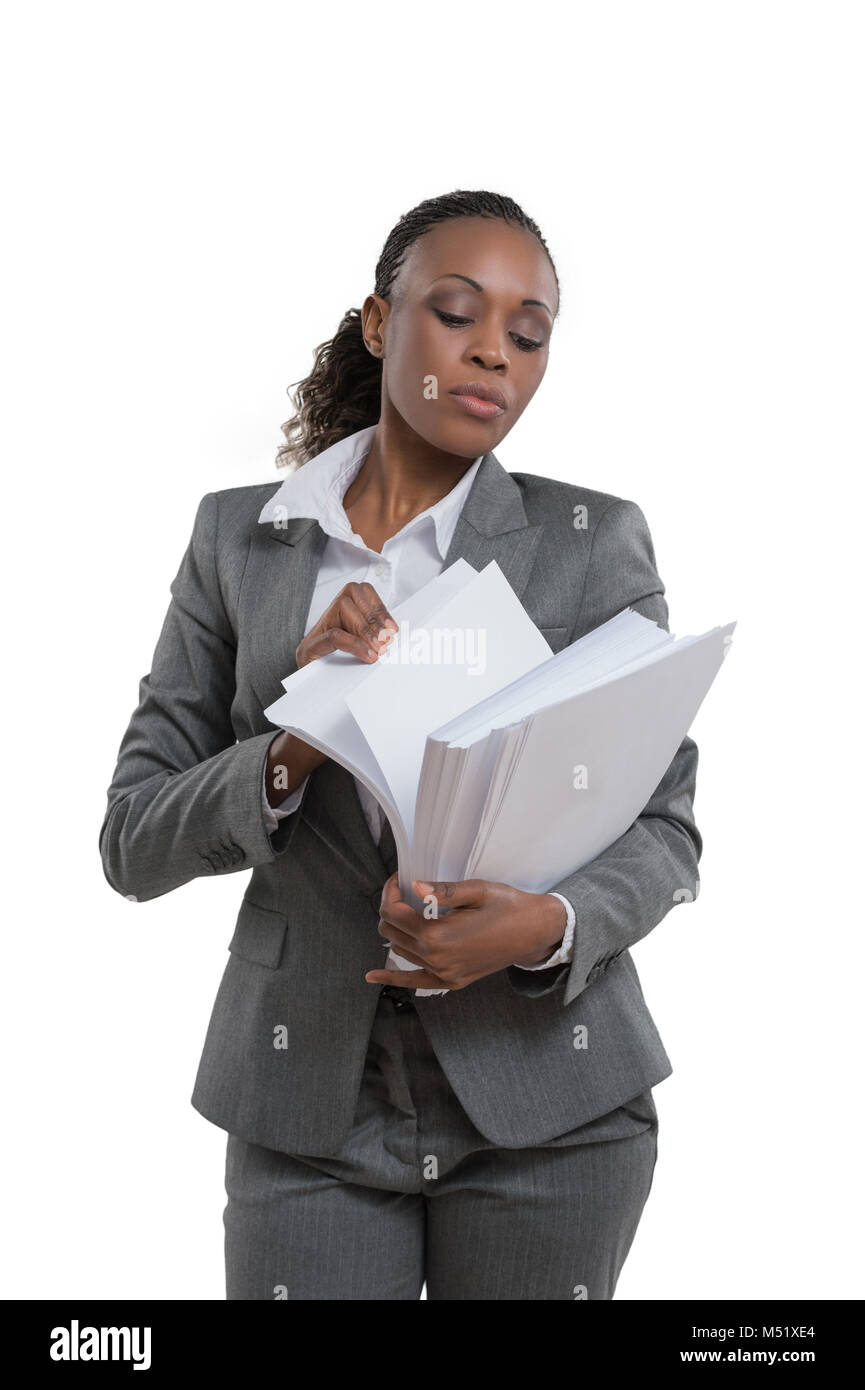 African business woman holding papers isolated on white background ...
