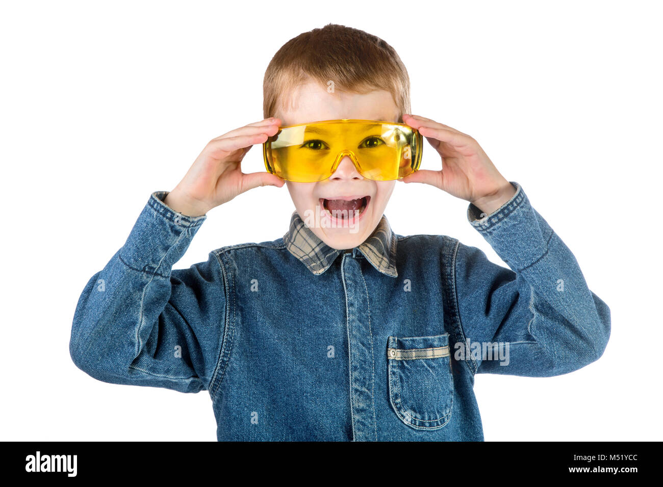 The boy with goggles isolated on a white background Stock Photo Alamy