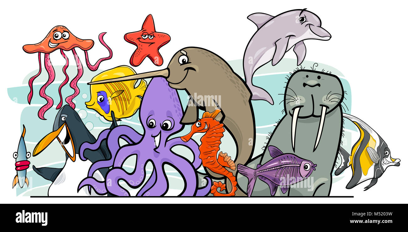Cartoon sea life animal characters group Stock Photo - Alamy