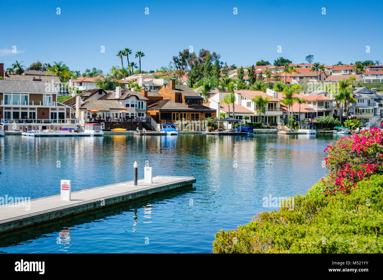 Lake Mission Viejo is a reservoir created for recreation in Mission Viejo, Orange County, California. The reservoir is formed by an earthfill dam acro Stock Photo