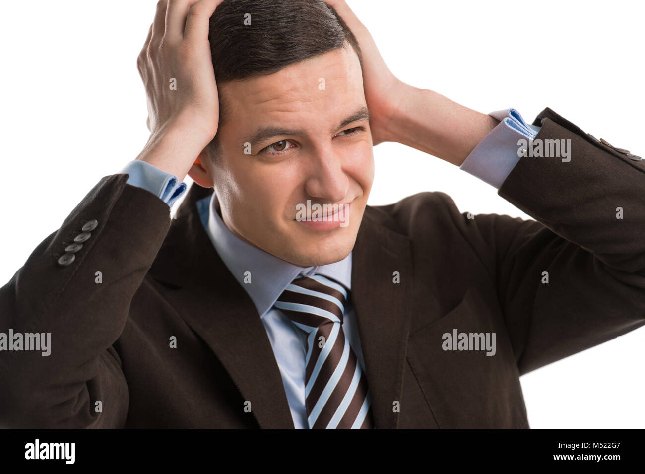 Business man holding his head. Headache or office rush concept Stock ...