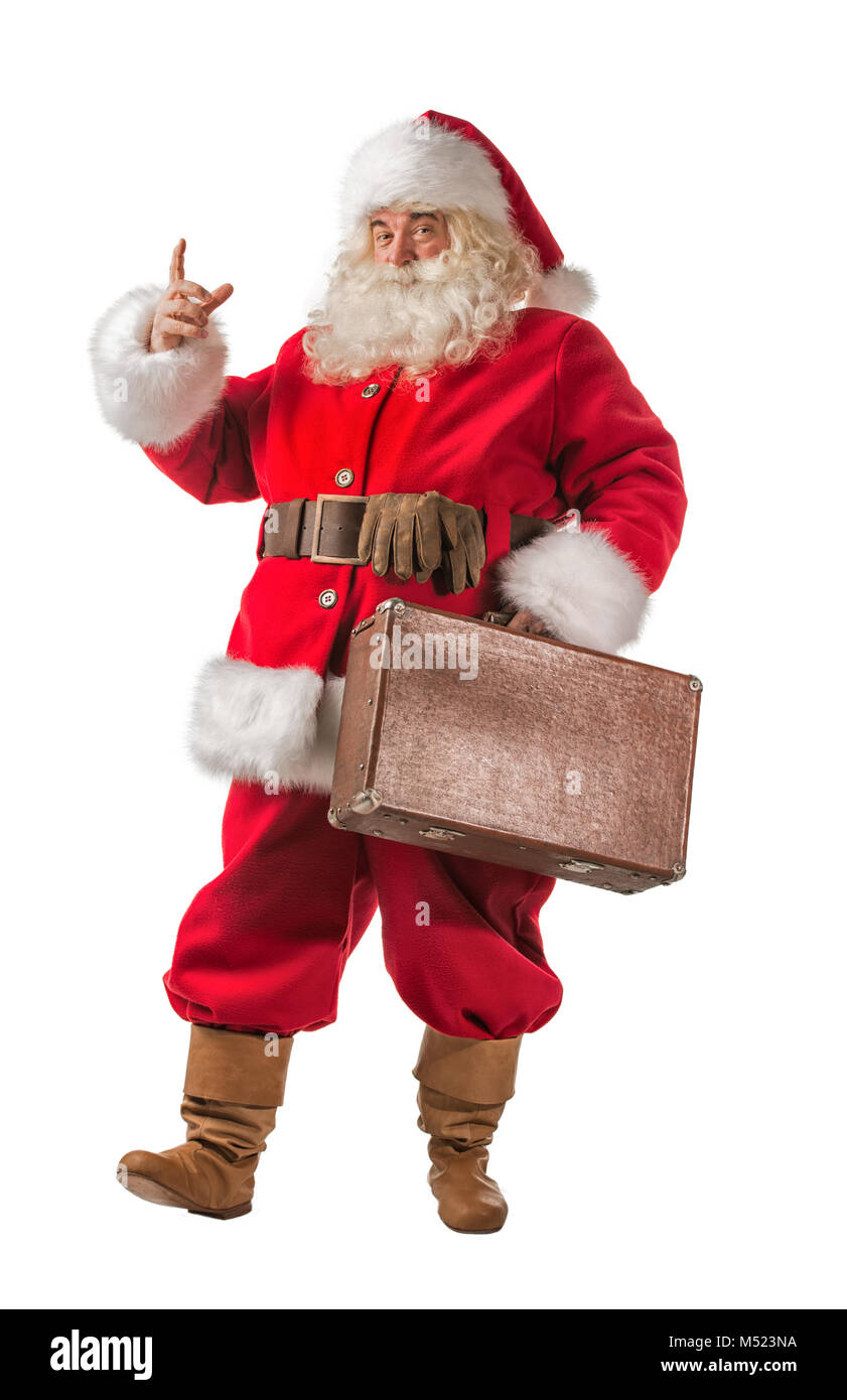 Santa Claus with old leather suitcase isolated on white background ...