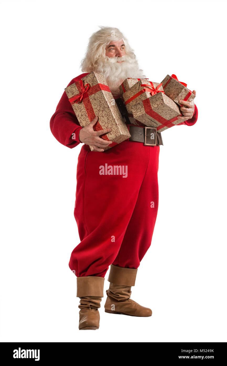 Santa Claus with gift boxes isolated on white background. Full length ...