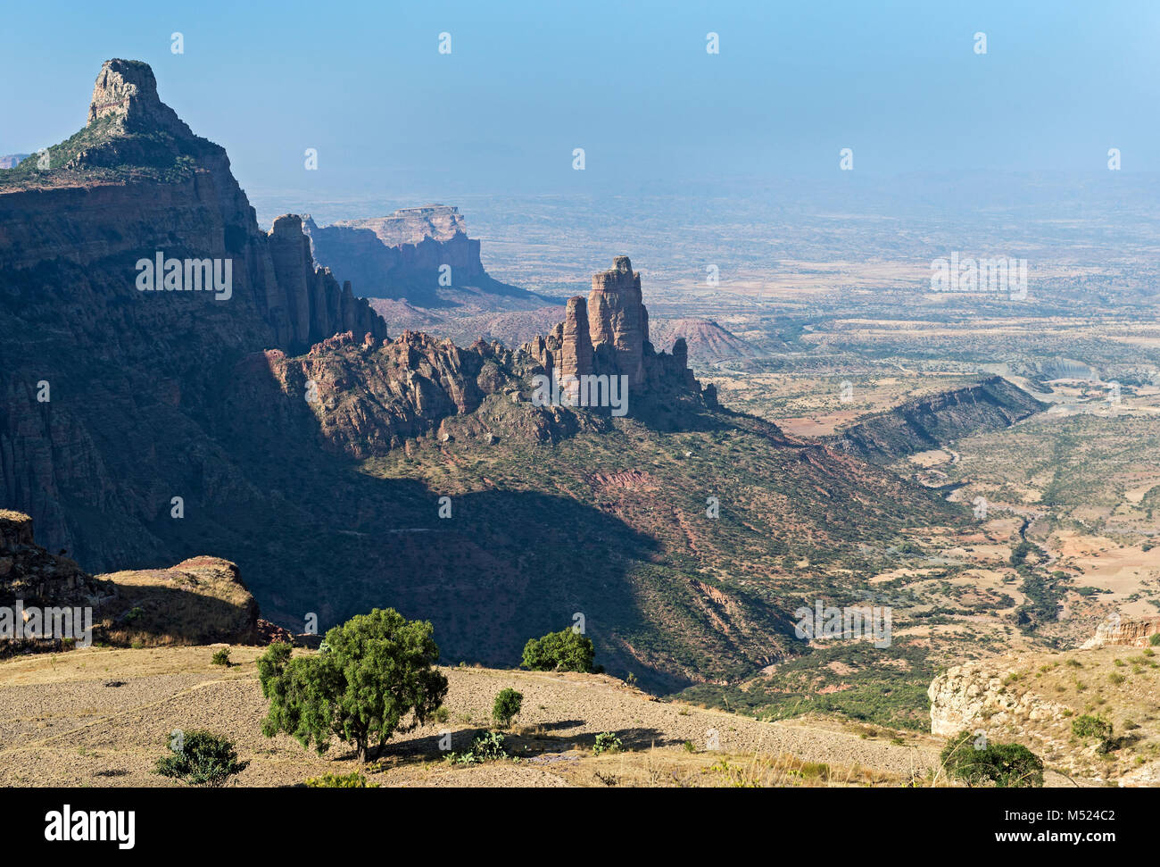 Large African Rift Valley,northern foothills with Koraro rock needles in the Gheralta Mountains,near Hawzien,Tigray,Ethiopia Stock Photo