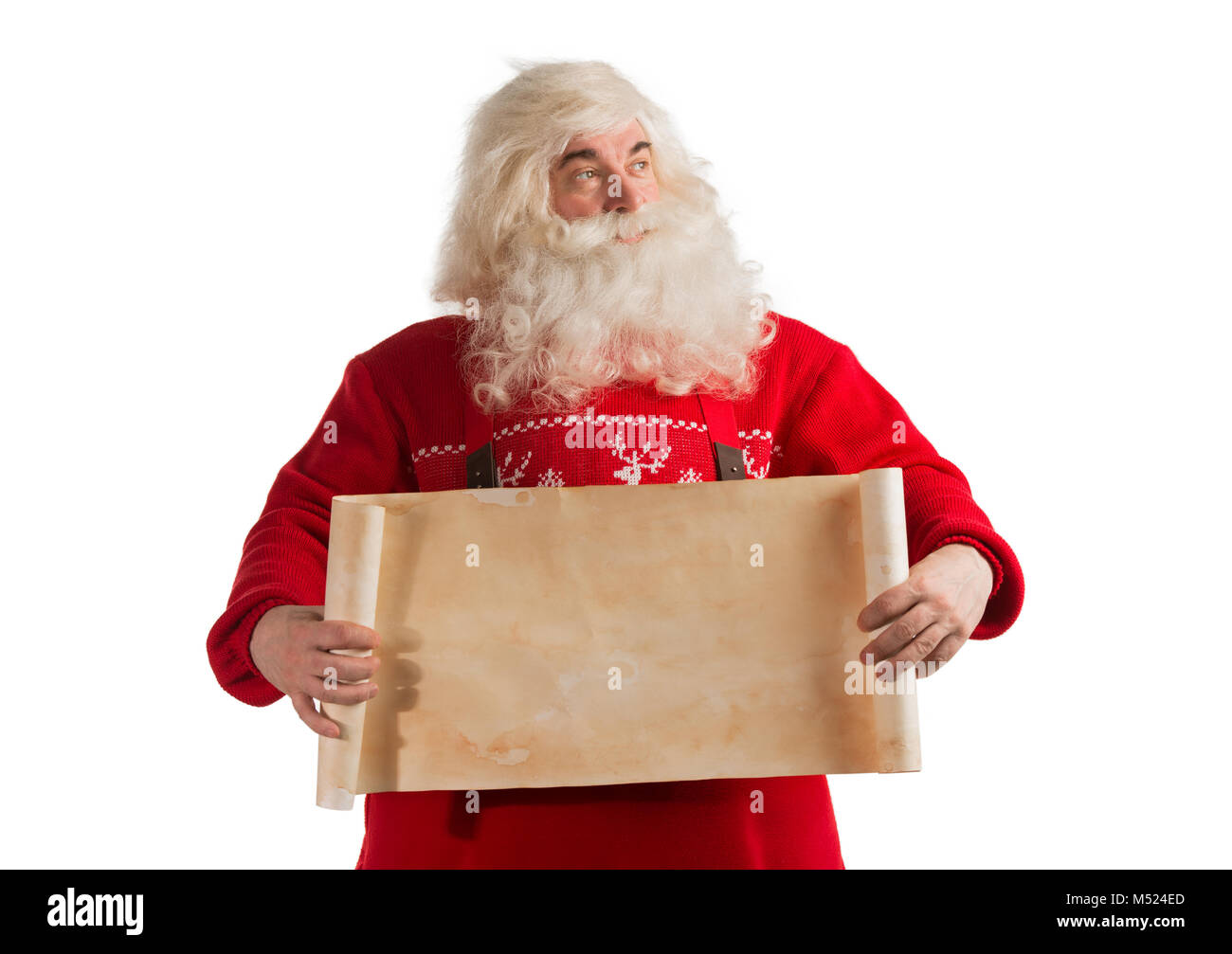 Santa Claus holding vintage paper blank sign isolated on white ...