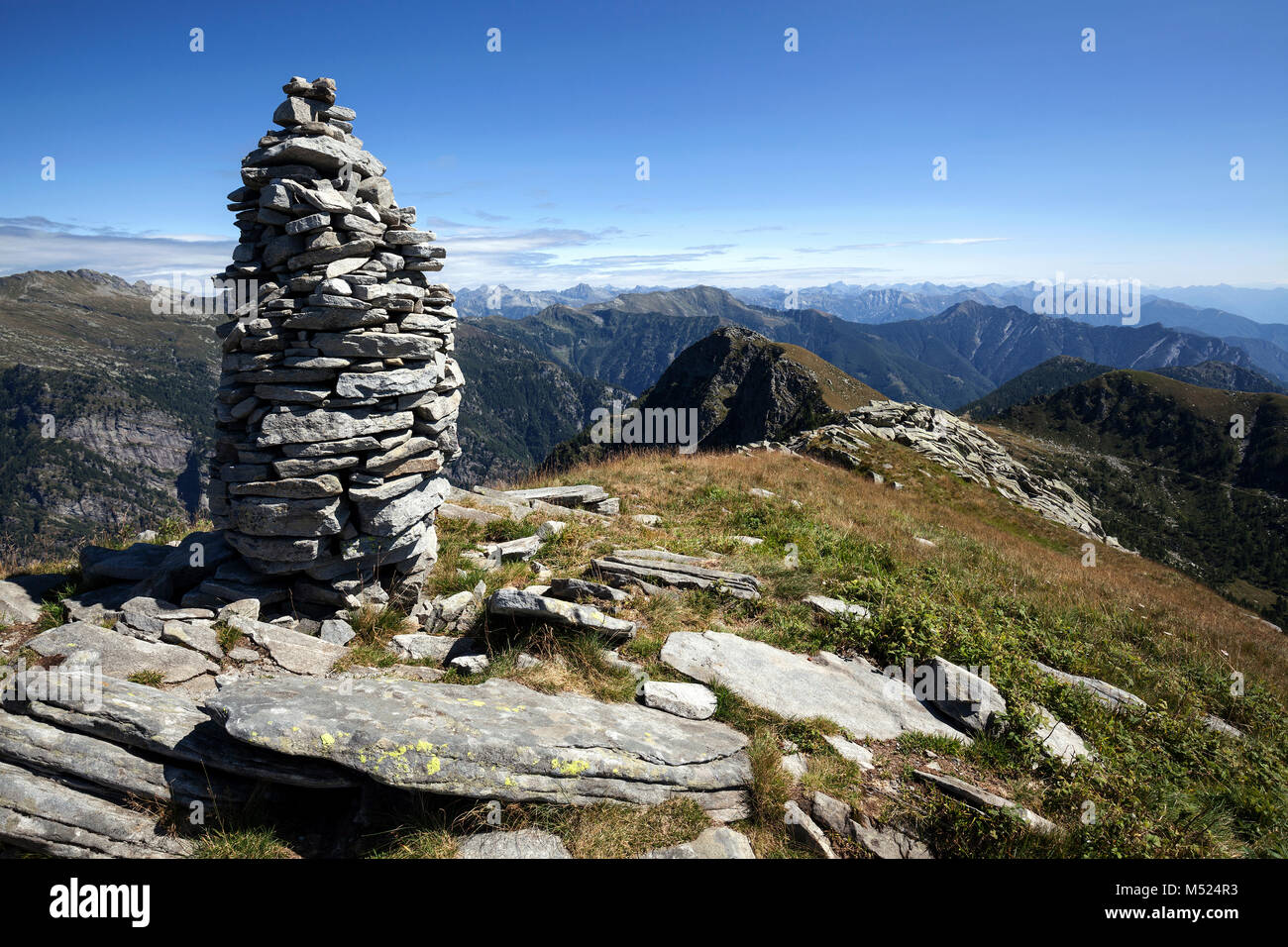 Cairn on peak of Mount Pilone,border between Switzerland and Italy,between Onsernone Valley and Vergelette Valley Stock Photo