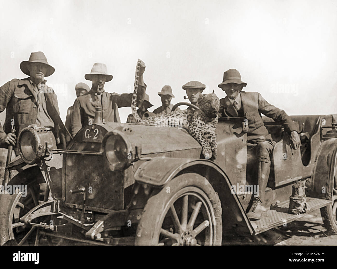 Historical picture,farmers with killed leopard on a car,1919,former German-South West Africa,Grootfontein,today's Namibia Stock Photo