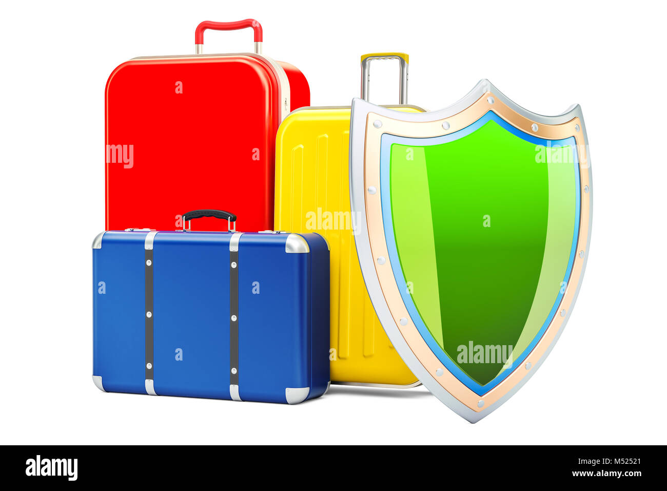 Baggage insurance concept, suitcases with shield. 3D rendering isolated