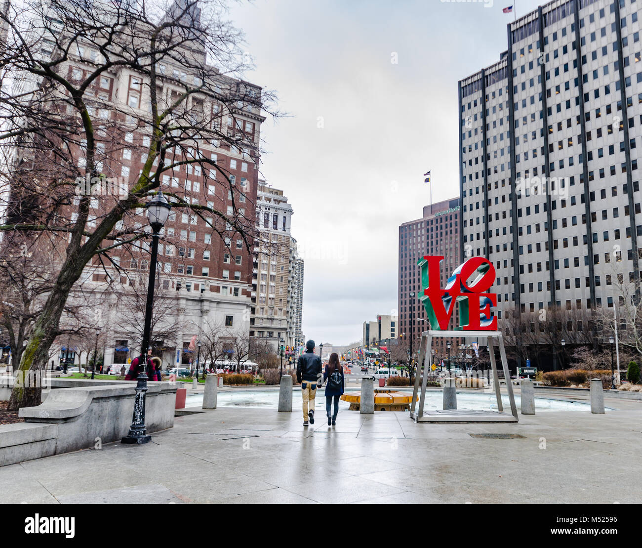 Love Park, officially known as John F. Kennedy Plaza, is a plaza located in Center City, Philadelphia, Pennsylvania. The park is nicknamed Love Park f Stock Photo