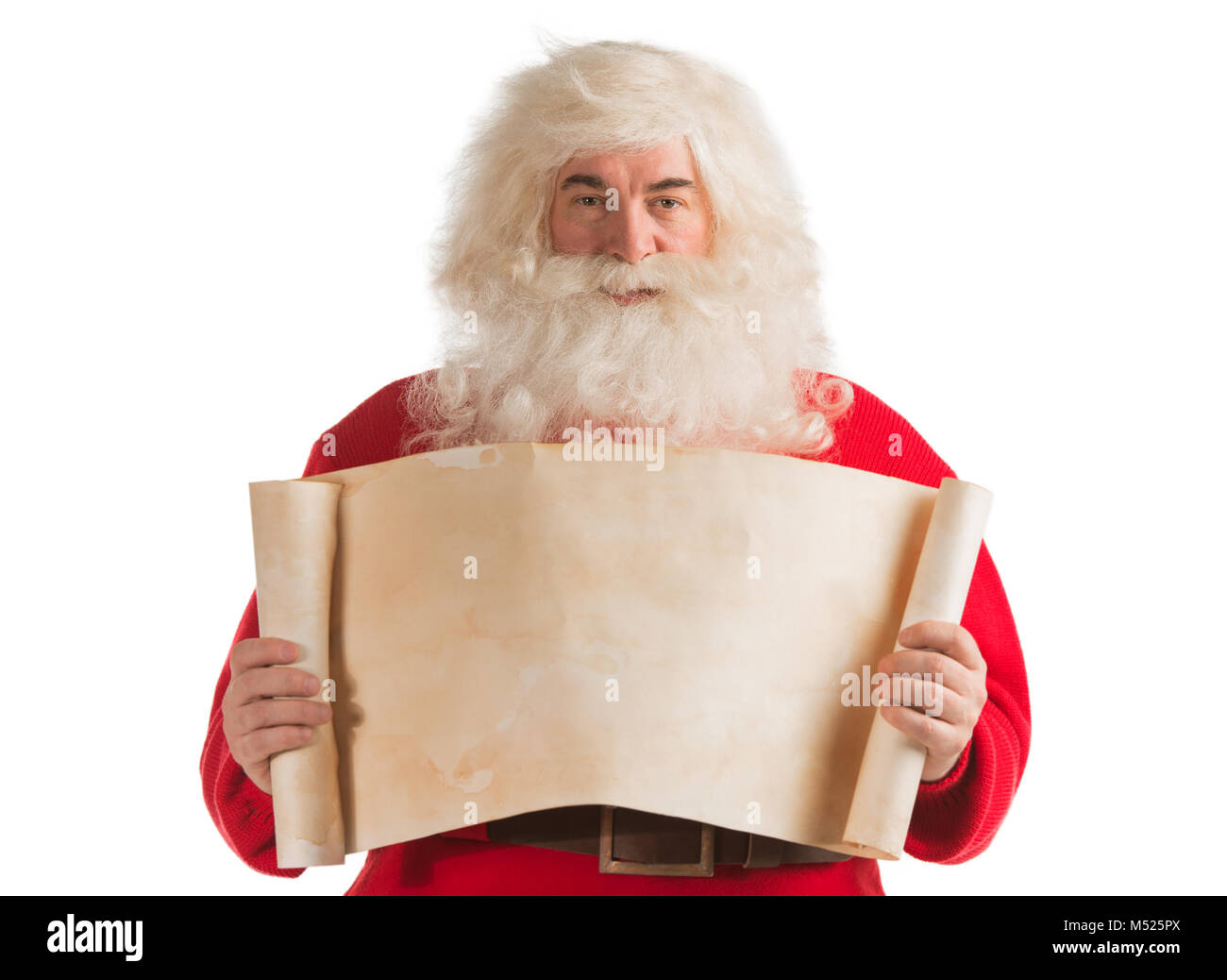 Santa Claus holding vintage paper blank sign isolated on white ...