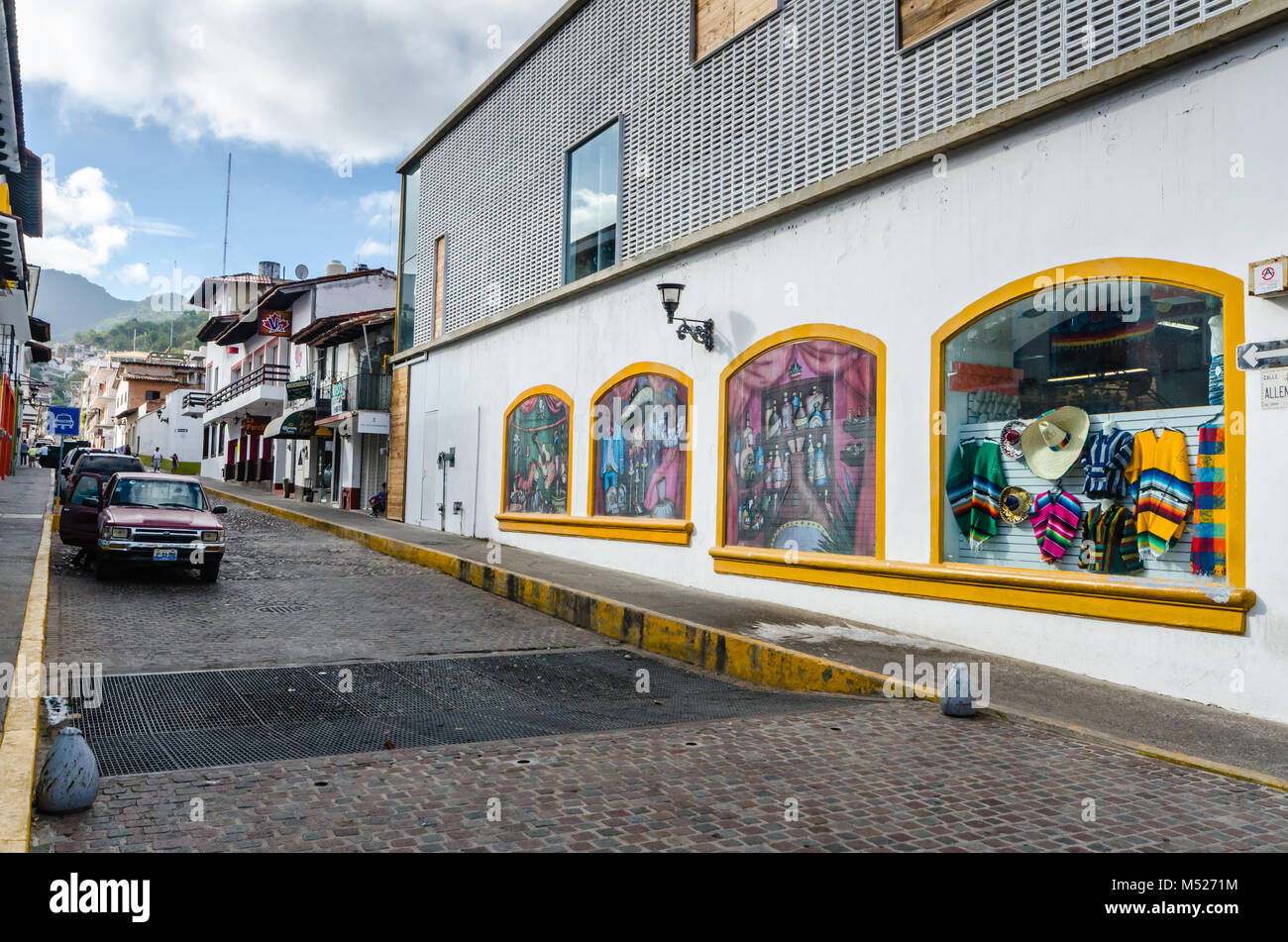 Colorful shops on the waterfront in Puerto Vallarta, Jalisco, Mexico.a Stock Photo
