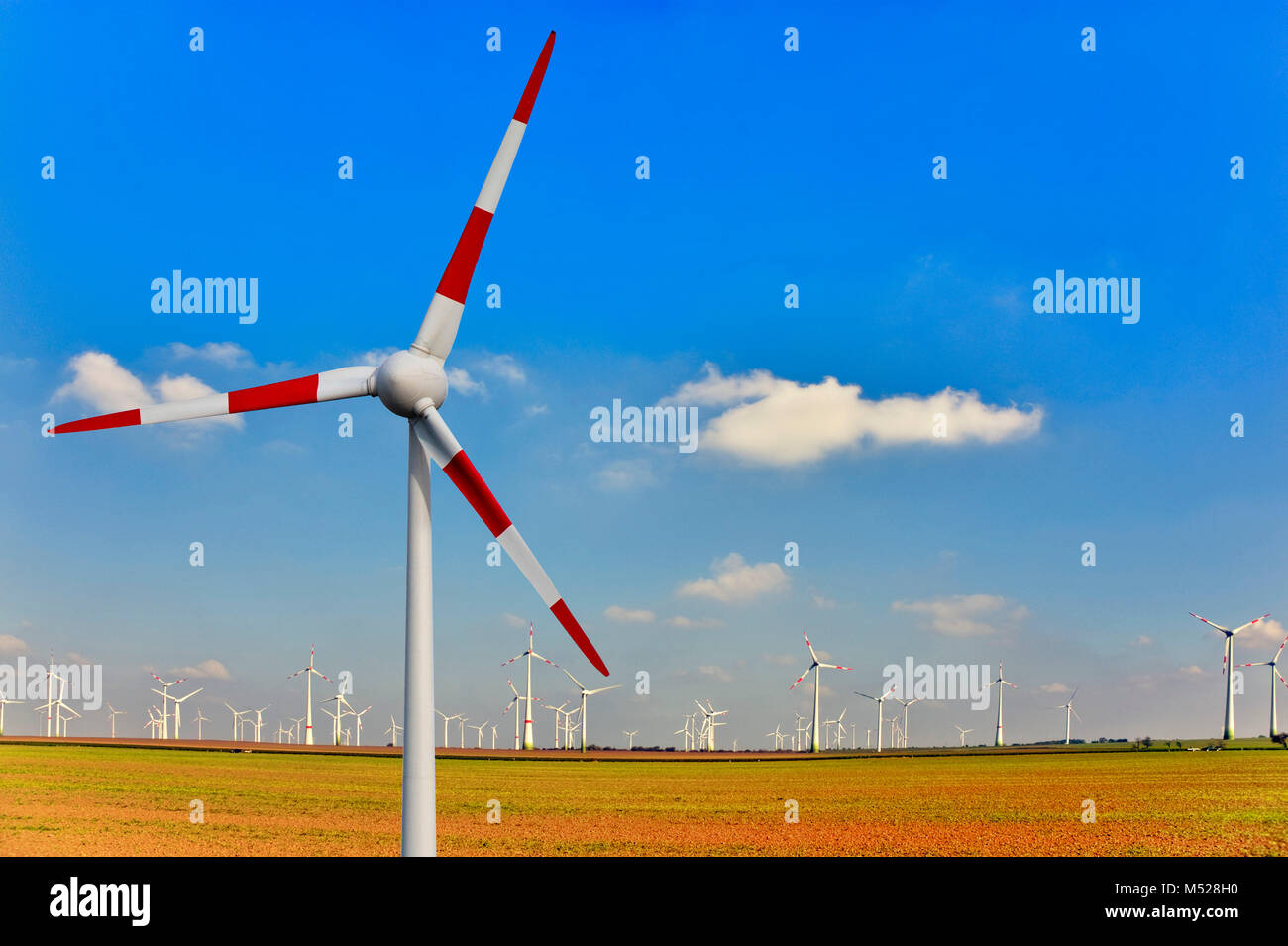 Wind turbines on farmland,Thuringia,Germany Stock Photo