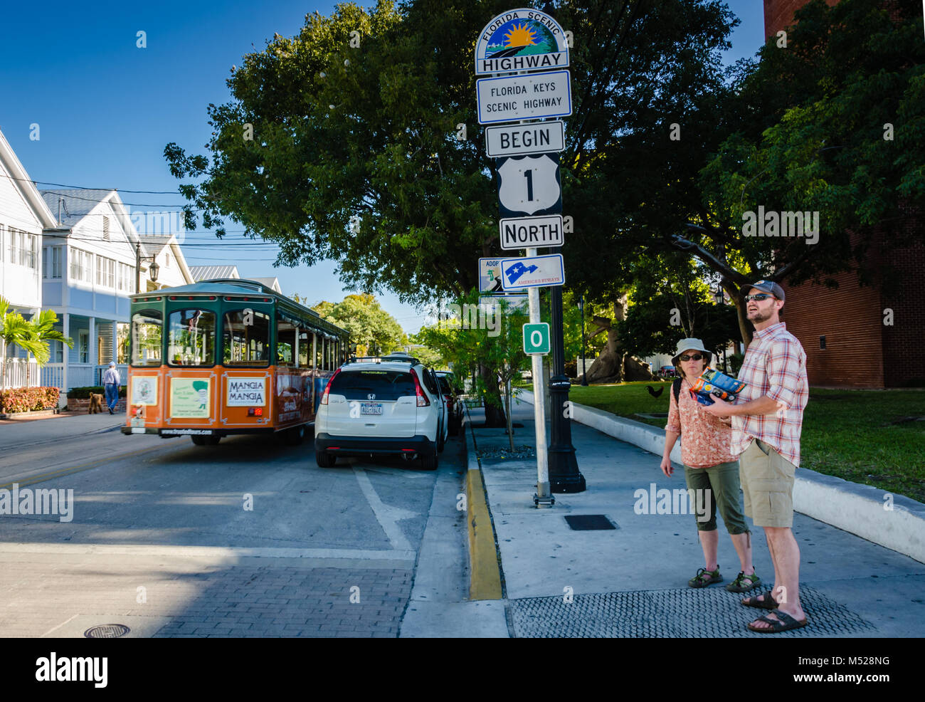 Tourists consult map at beginning point of U.S. Route 1. US 1 travels along  the east coast of Florida, beginning in Key West running 2,369 miles (3,81  Stock Photo - Alamy