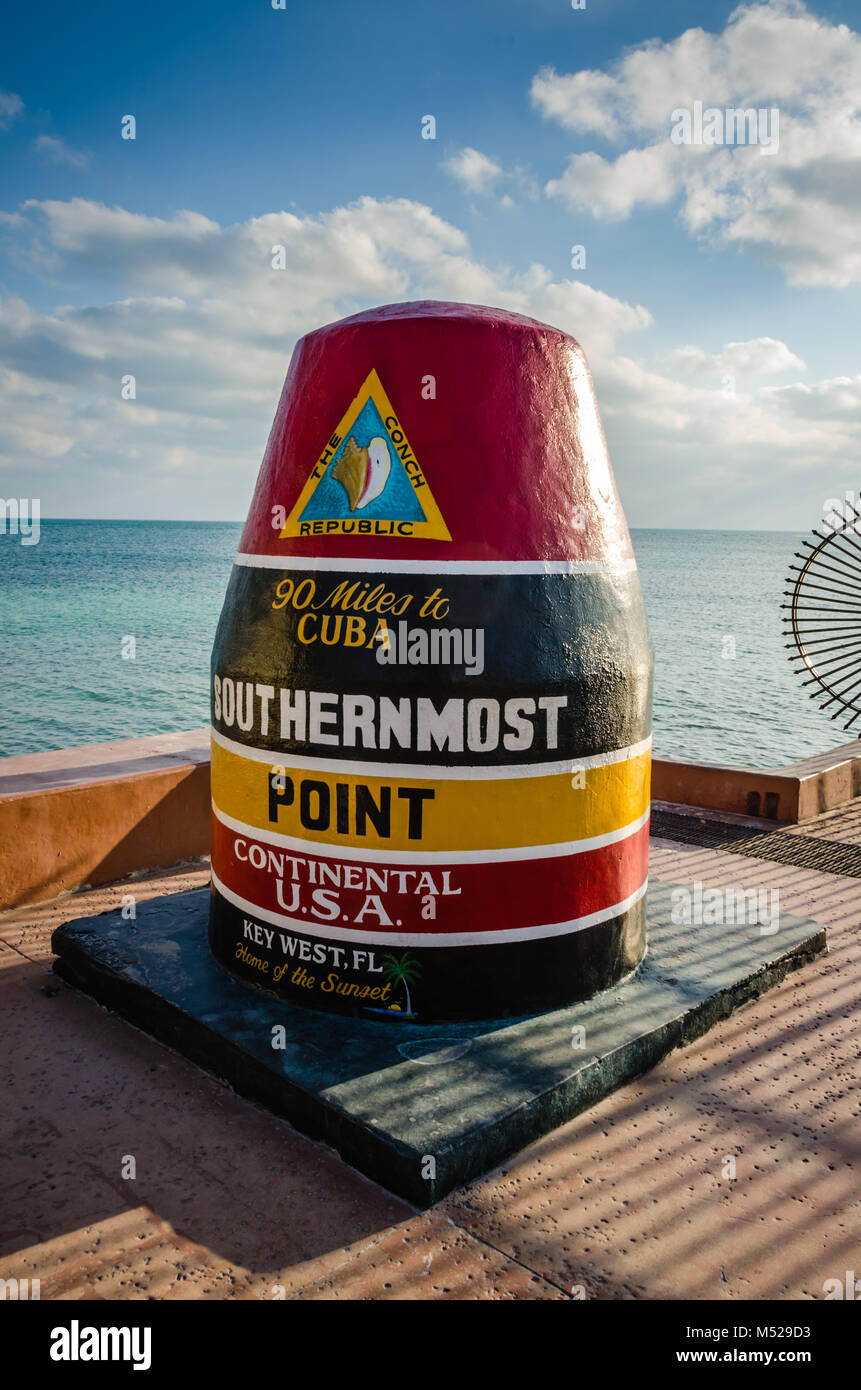 The Southernmost Point Buoy is an anchored concrete buoy in Key West, Florida marking the southernmost point in the continental United States. Stock Photo