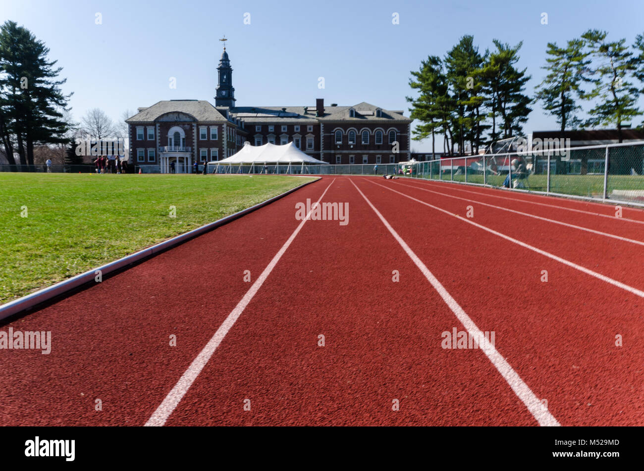 Race track at high school track and field meet in Albany, New York. Stock Photo