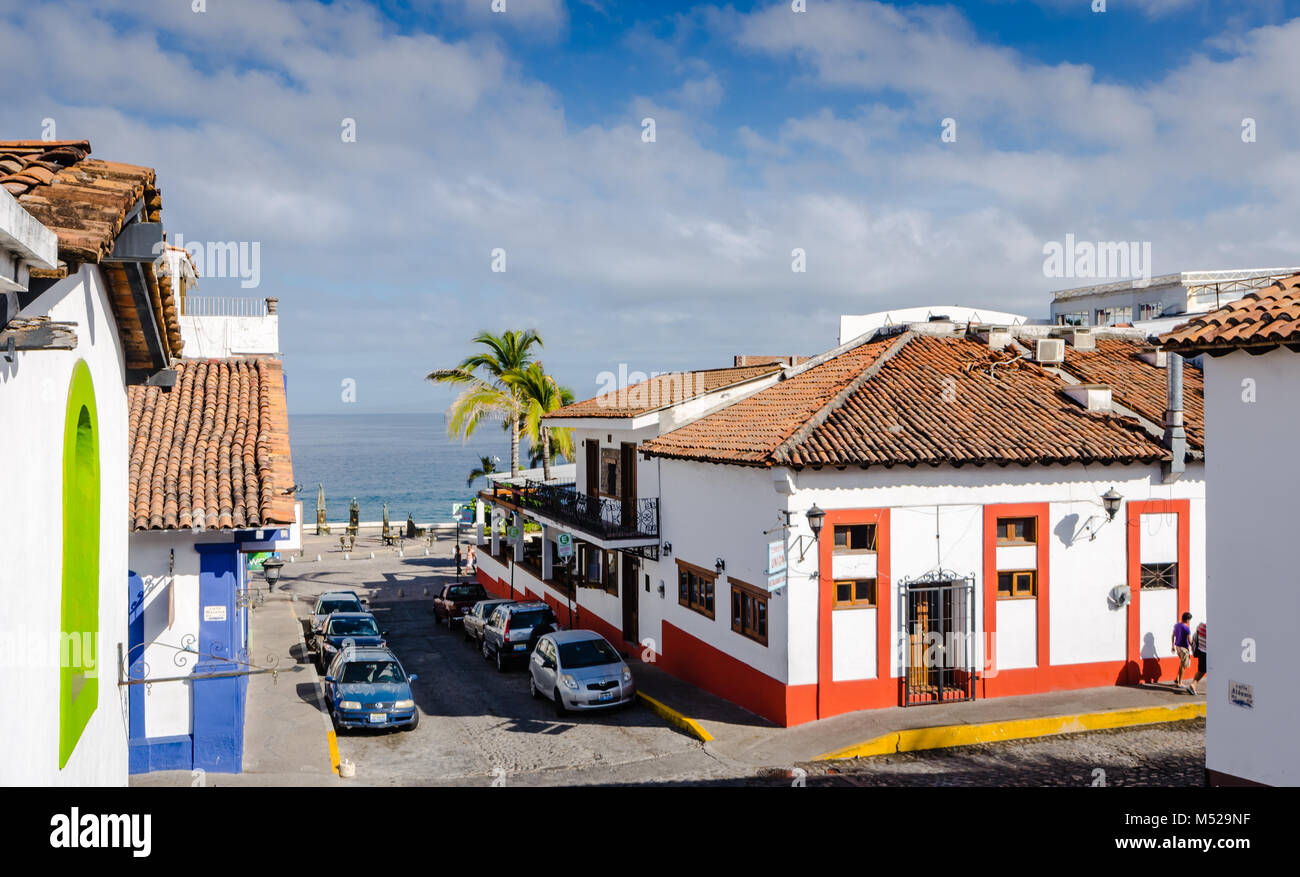 Ocean view from a balcony in downtown Puerto Vallarta, Jalisco, Mexico. Stock Photo
