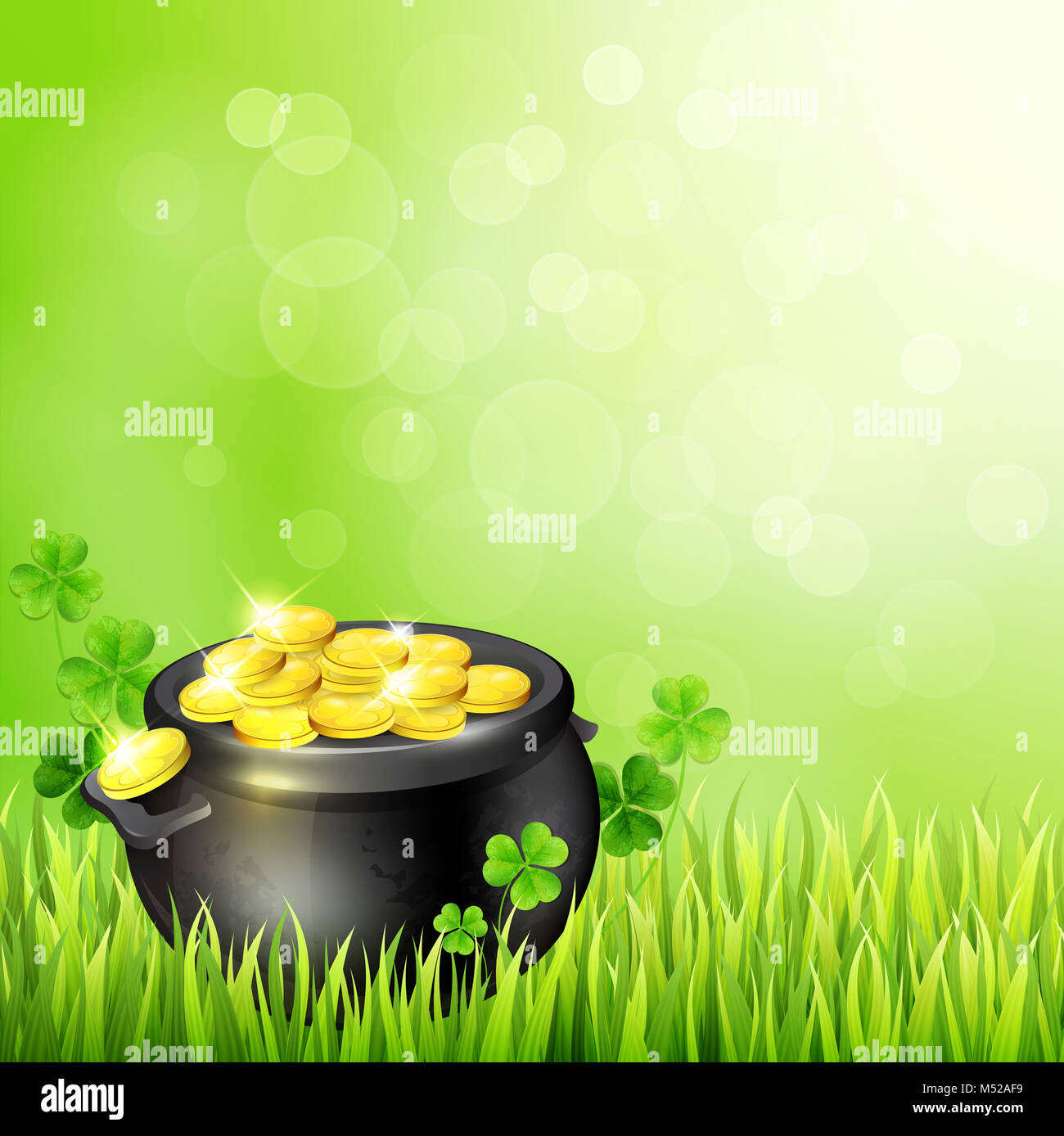Pot of gold and clover leaves on a green background. Design for St ...