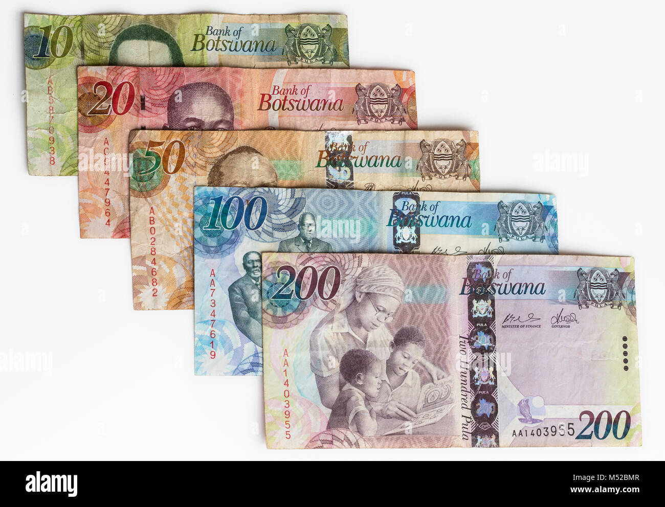 Pula notes ranging from the smallest 10 Pula denomination to a 200 Pula note Stock Photo