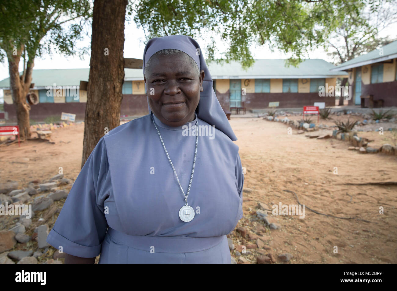 Sister Magdalene Nantongo, the headmistress of Kalas Girls Primary School, Amudat District, Karamoja, Uganda. Female genital mutilation (FGM) has been outlawed in Uganda since 2010, but aid workers and police say it's still being practiced by tribes in the northeast, including the Pokots, Sebei, Tepeth and Kadama. Stock Photo
