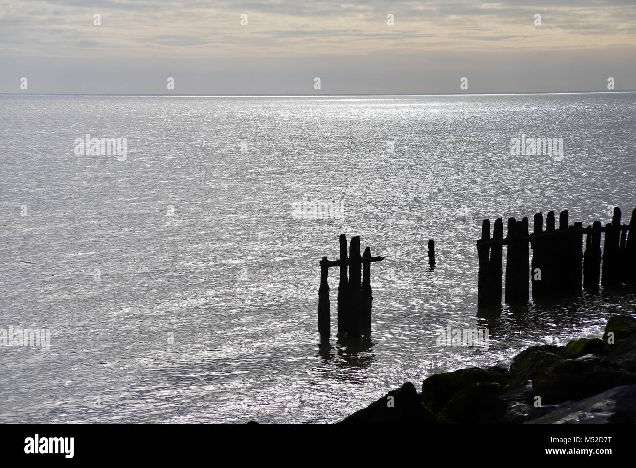 Silver shiny North Sea off the Suffolk coast at East Lane, Bawdsey. Stock Photo
