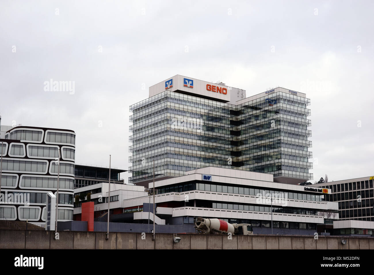 Stuttgart, Germany - February 3, 2018: The modern office and retail building of DZ Bank and building society insurance Schwaebisch Hall on 03 February Stock Photo