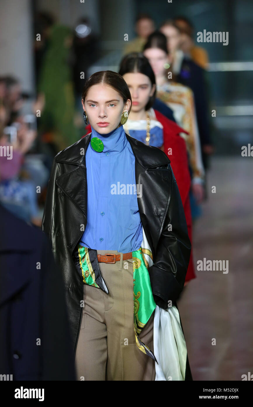 Models walk the runway at the TOGA show during London Fashion Week February 2018 at BFC Show Space. Stock Photo