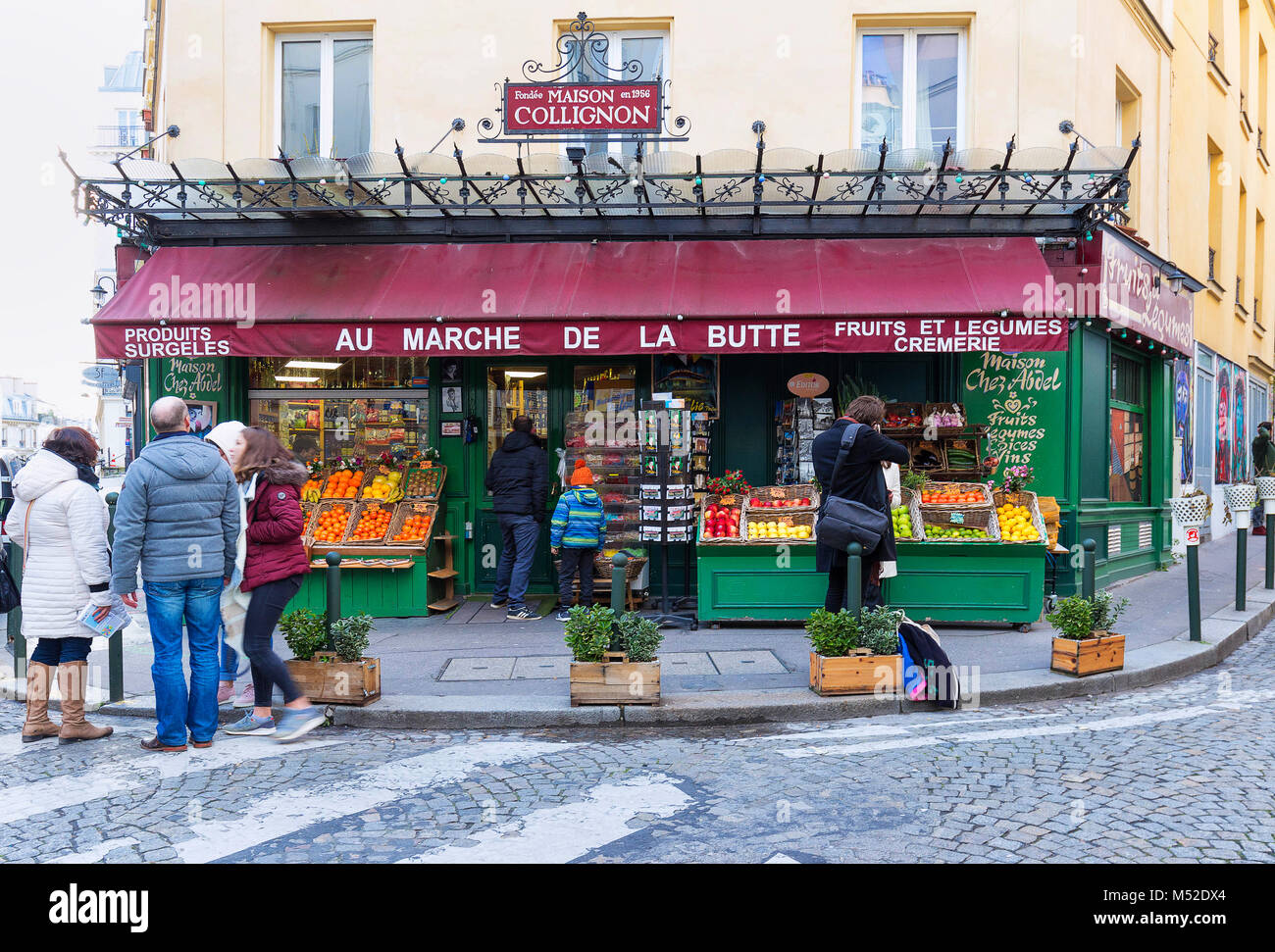 The fruits and Vegetable shop Au Marche de la Butte in the Montmartre area, Paris, France. Stock Photo